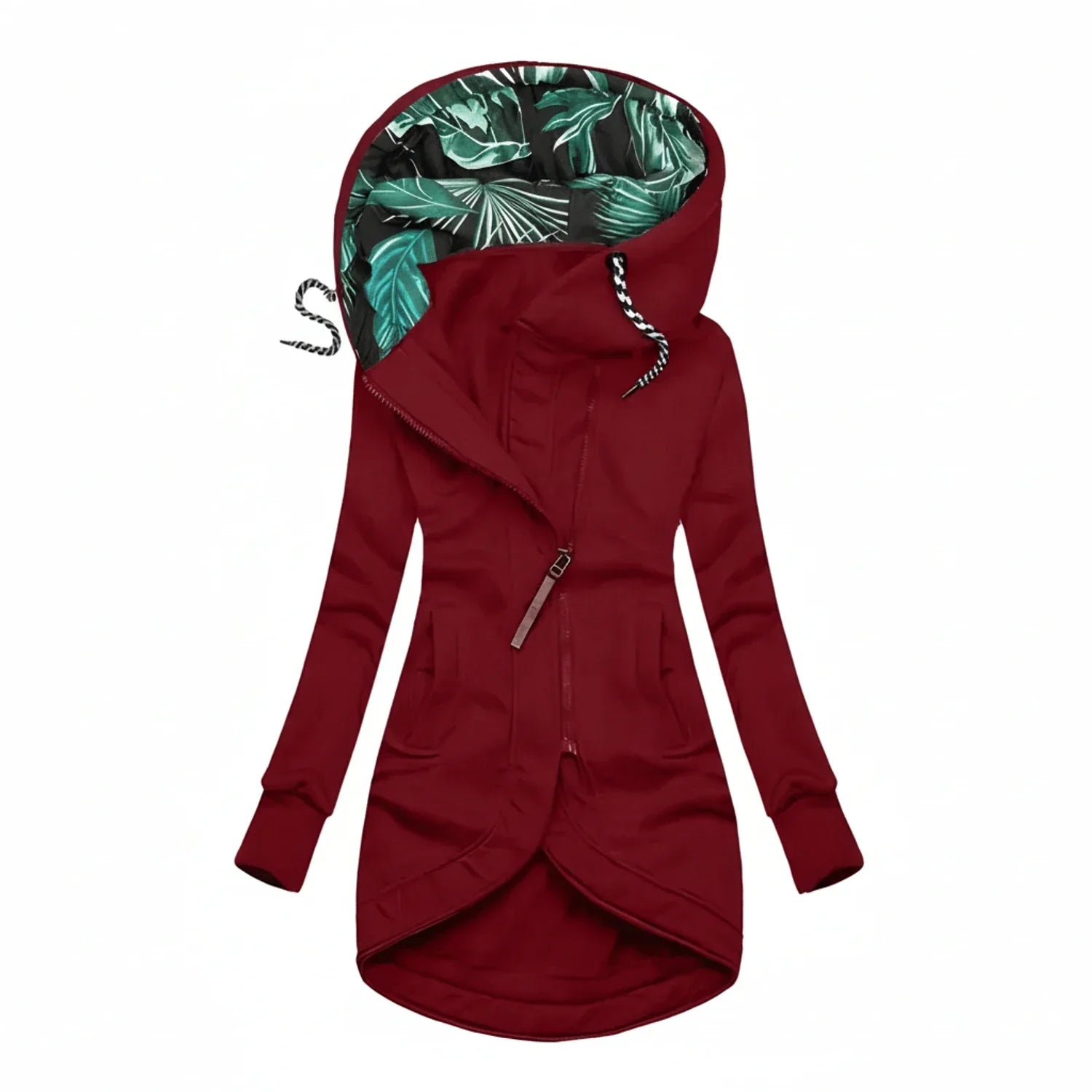 Women's tunic length hooded winter jacket in A-line silhouette with adjustable drawstring hood