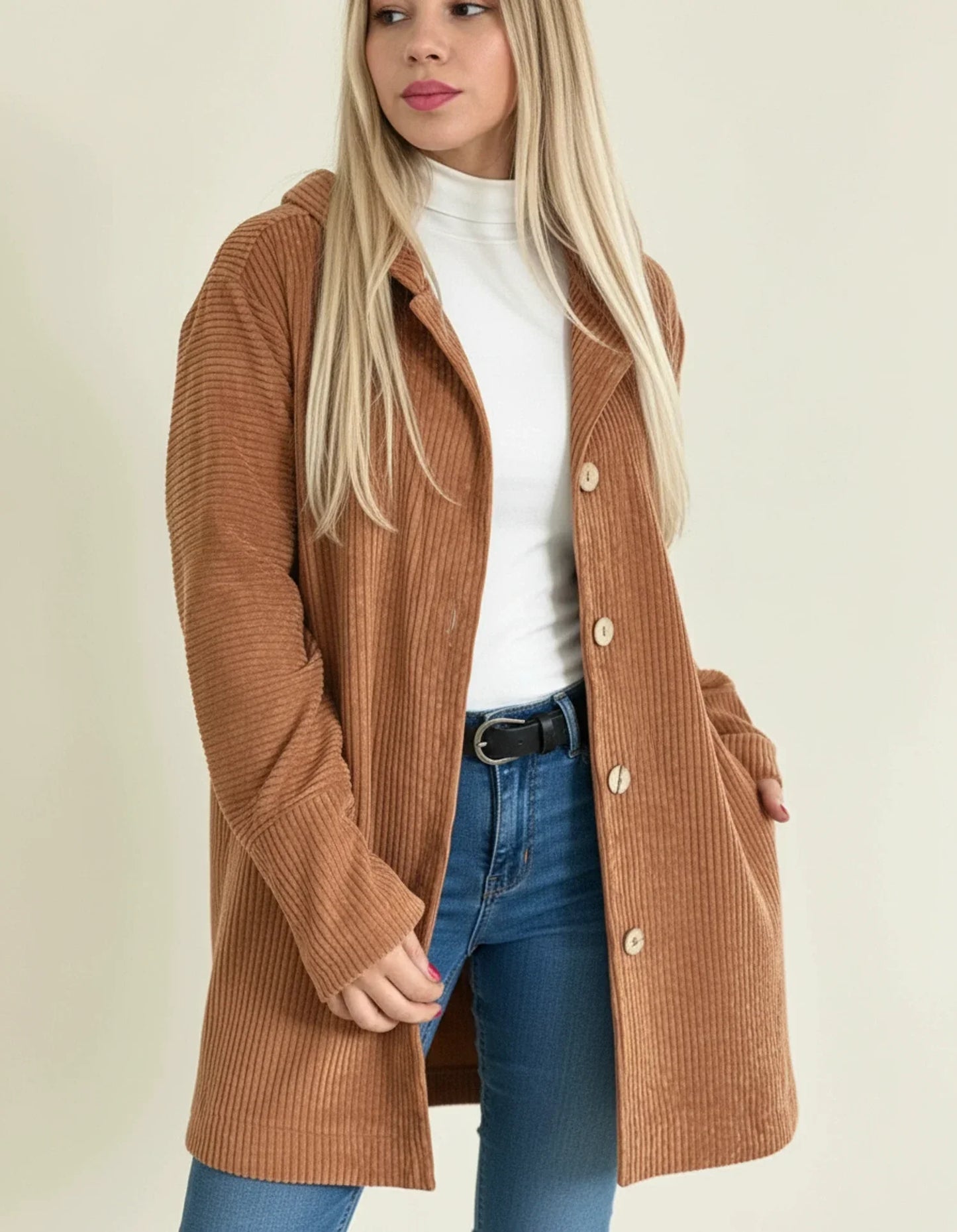 Women's hooded mid-length oversized jacket longline fit with button closure for easy layering