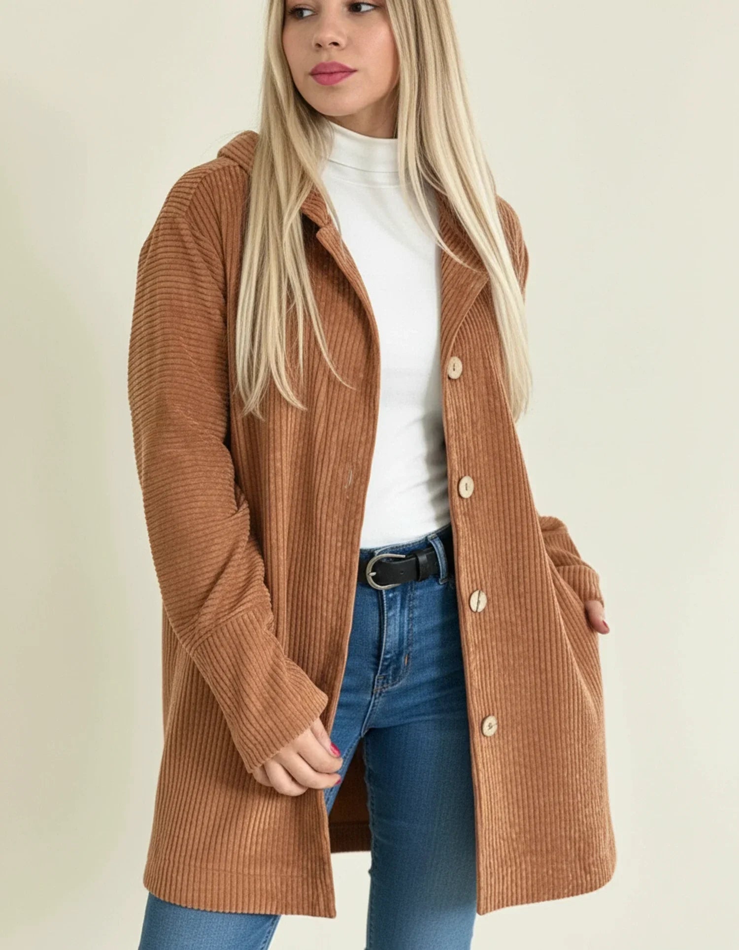 Women's hooded mid-length oversized jacket longline fit with button closure for easy layering