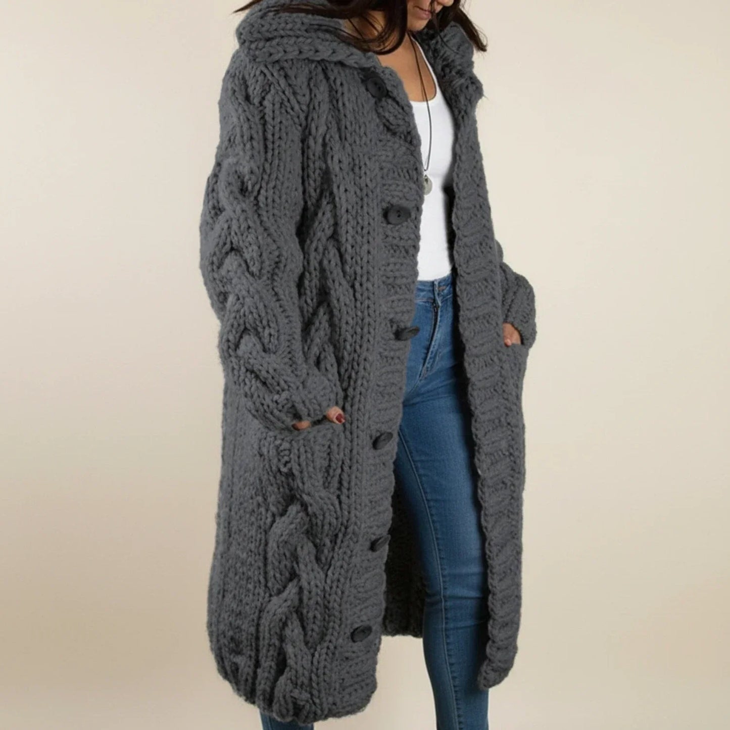 Women's hooded long winter cardigan button-front cozy layering relaxed fit cold weather essential