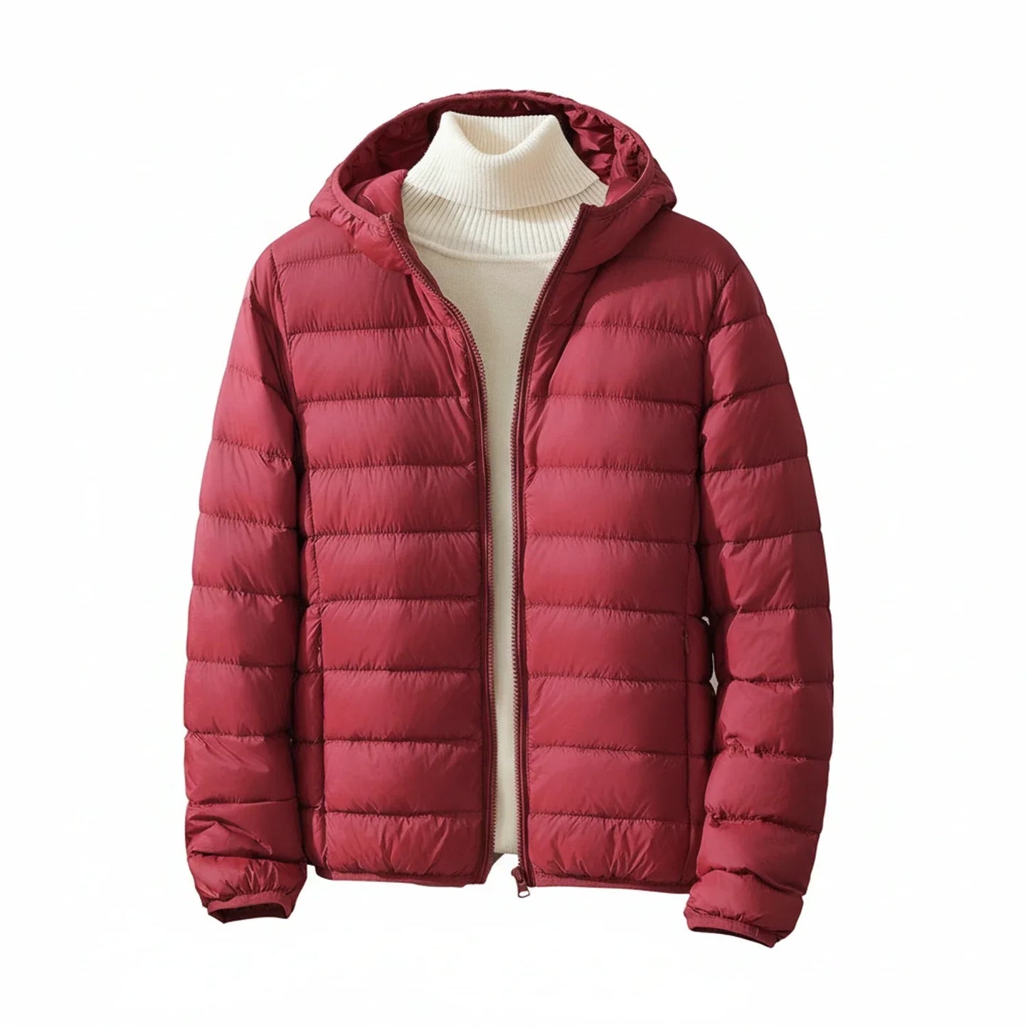 Women's lightweight quilted puffer jacket with attached hood, zip front, versatile everyday style