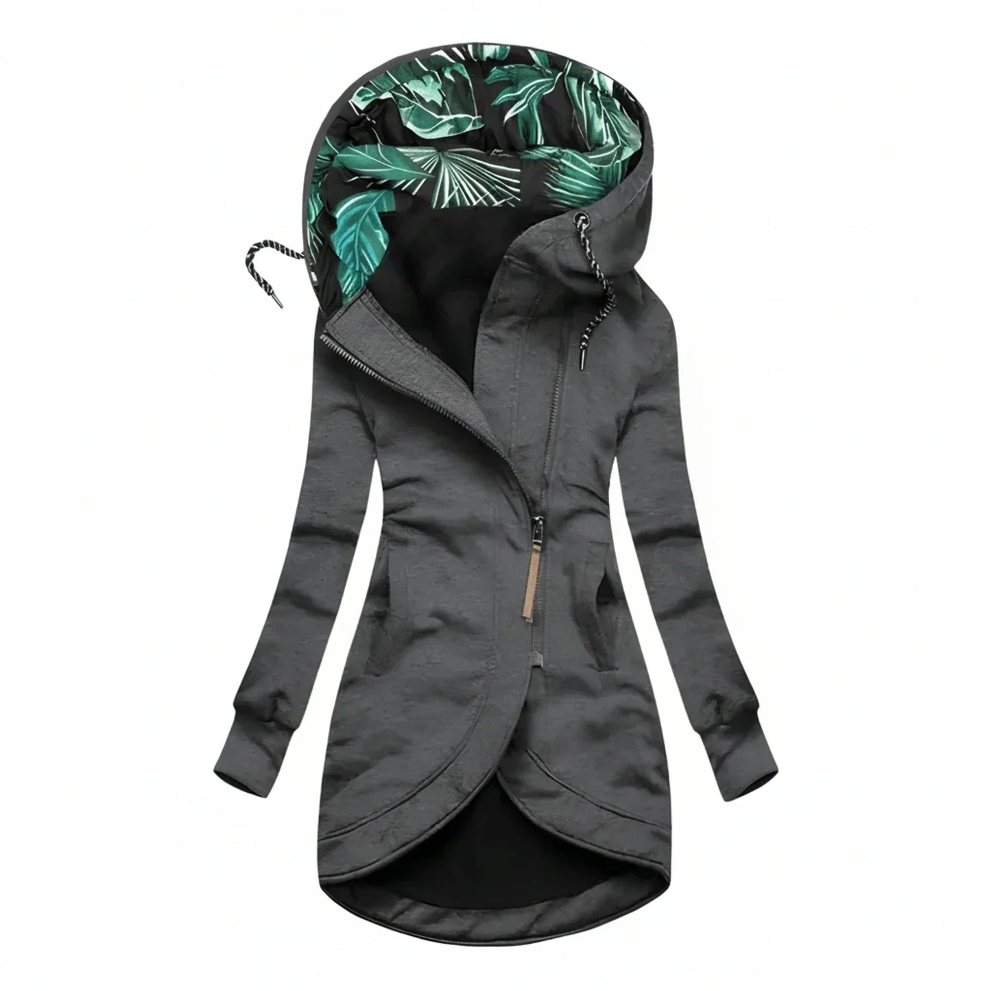 Women's tunic-length hooded winter jacket, A-line silhouette with adjustable drawstring hood