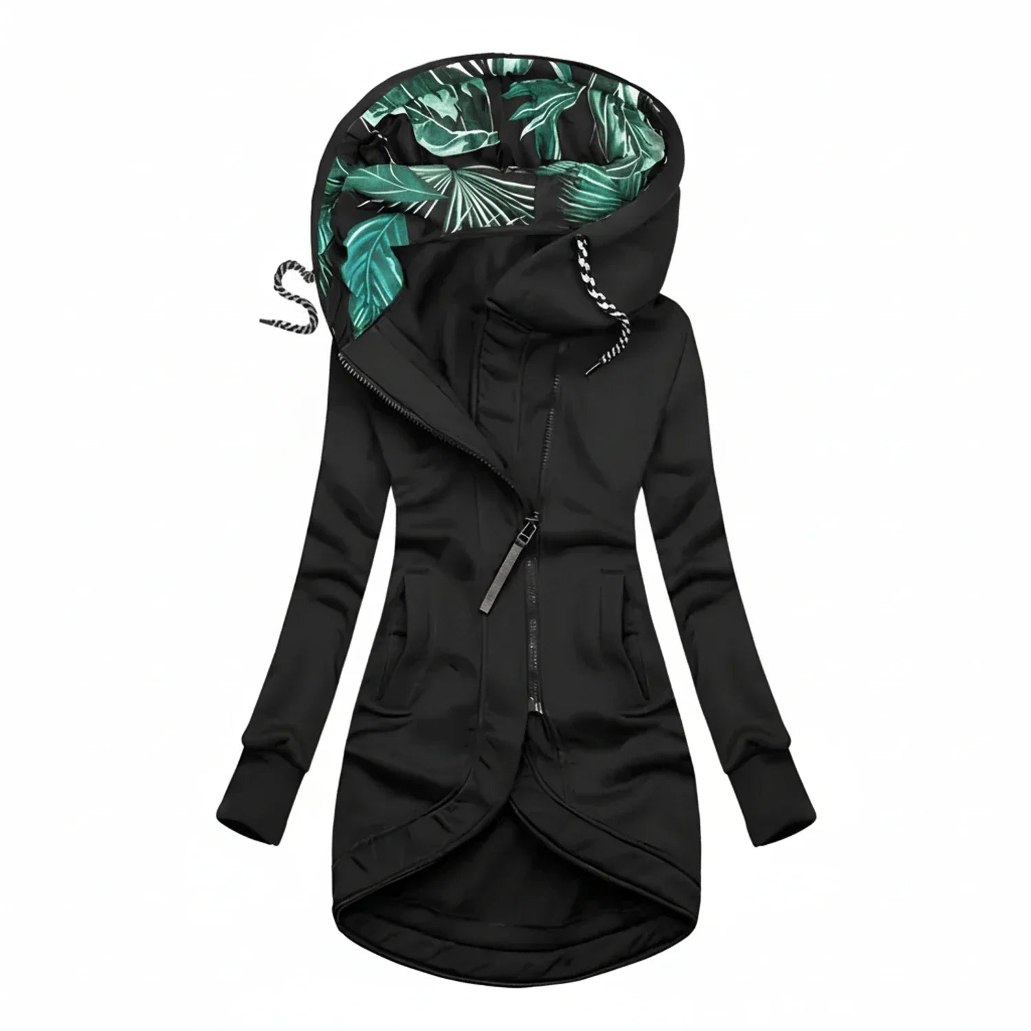 Women's tunic-length hooded winter jacket in A-line silhouette with adjustable drawstring hood