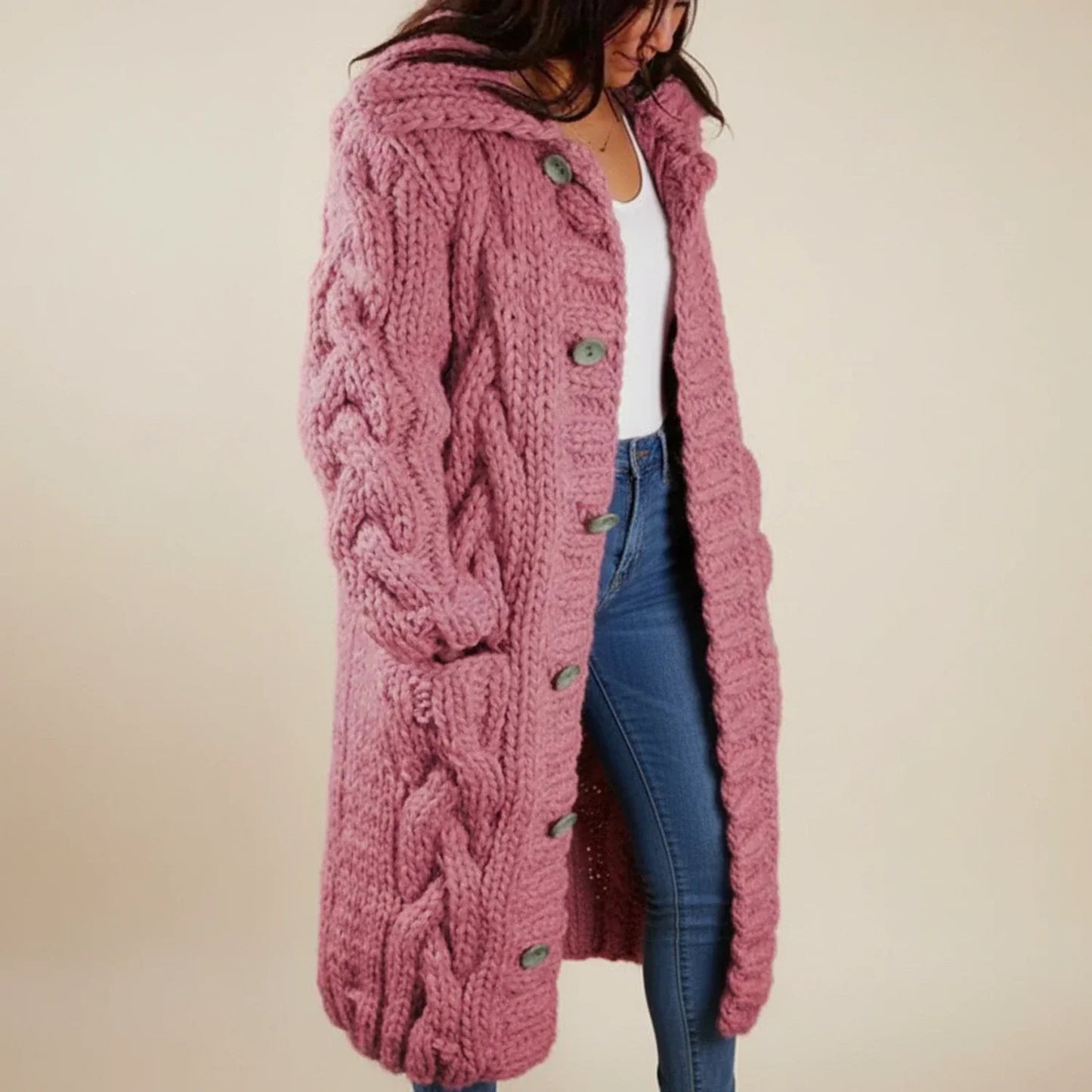 Women's hooded long winter cardigan button-front cozy layering knit in neutral relaxed fit silhouette