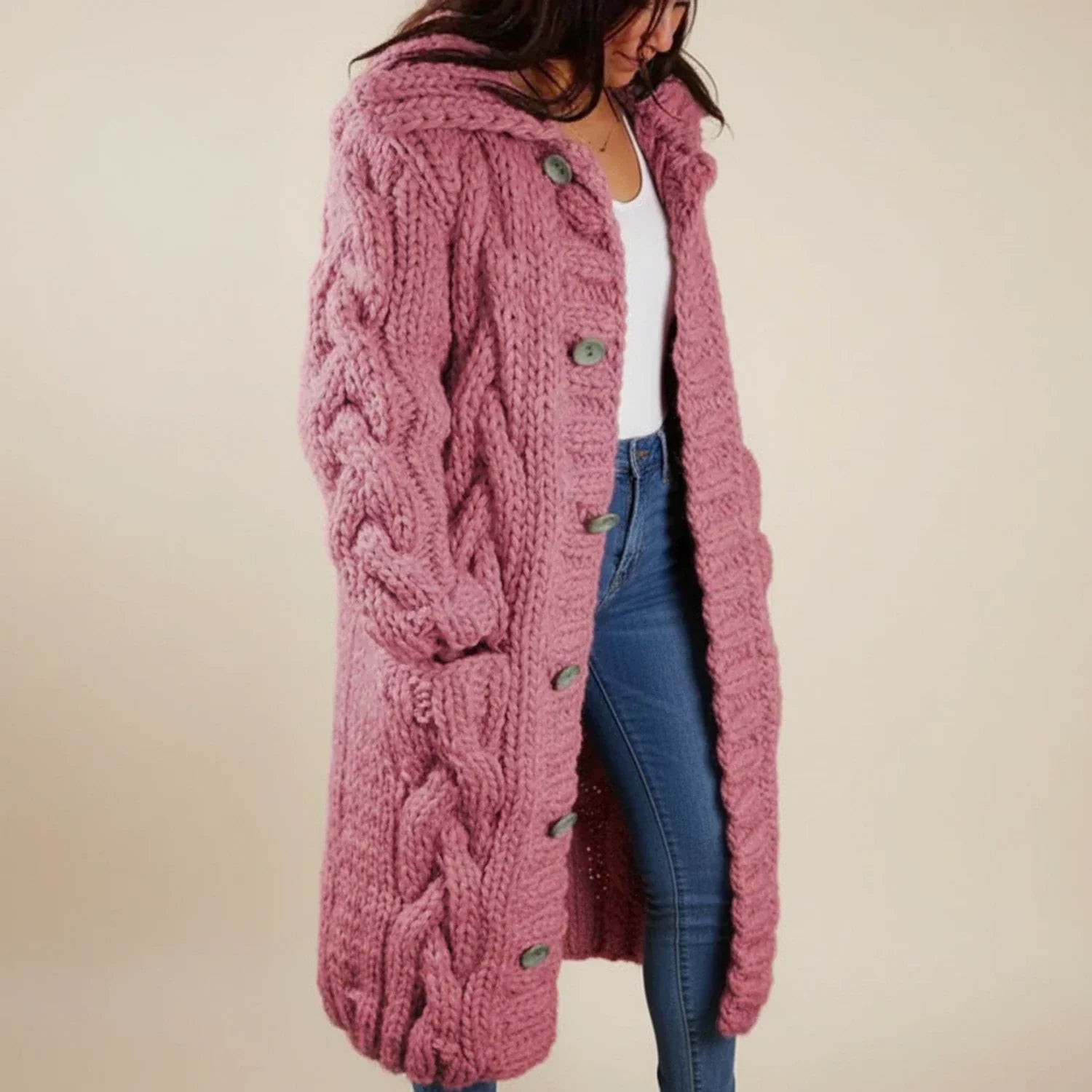 Women's hooded long winter cardigan button-front cozy layering knit in neutral relaxed fit silhouette