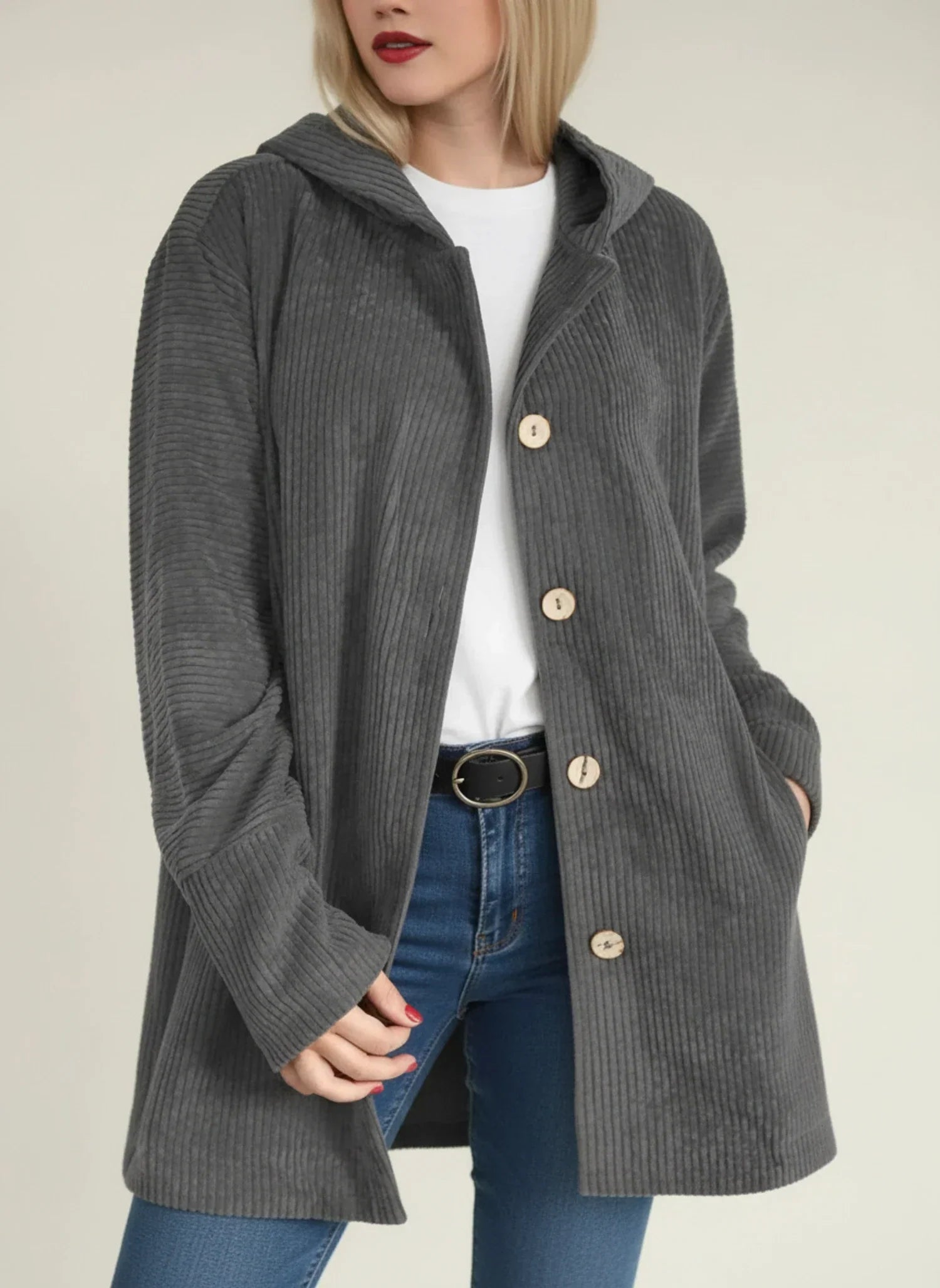 Women's hooded mid-length oversized jacket longline fit button closure casual layering piece