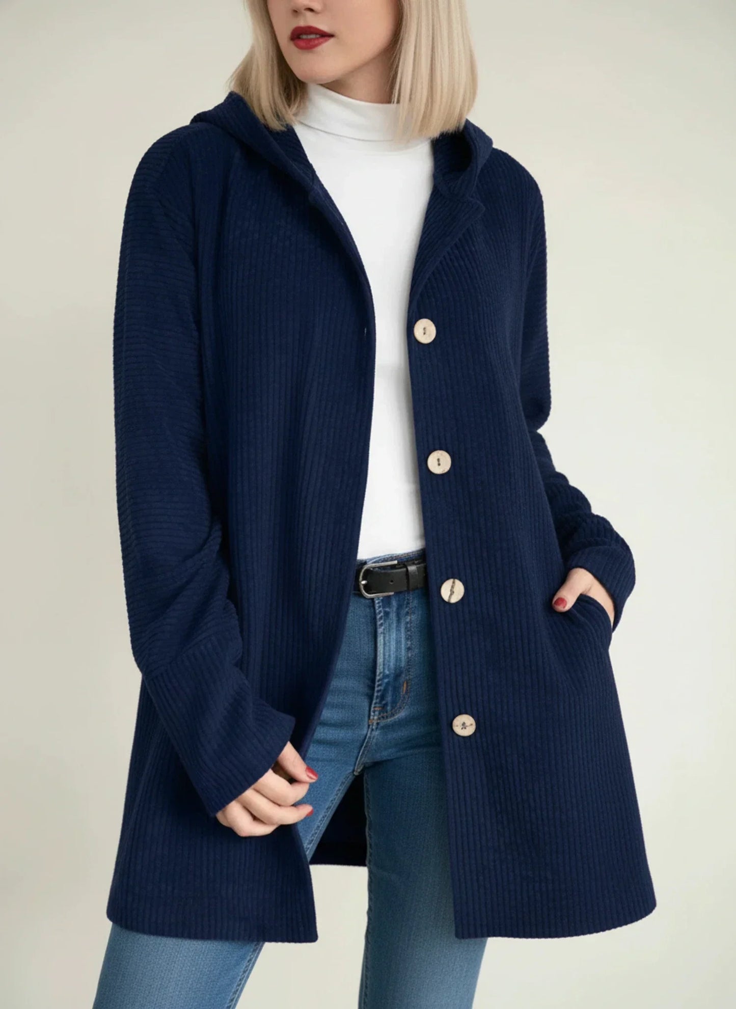 Women's oversized hooded mid-length jacket with longline fit and button closure for easy layering