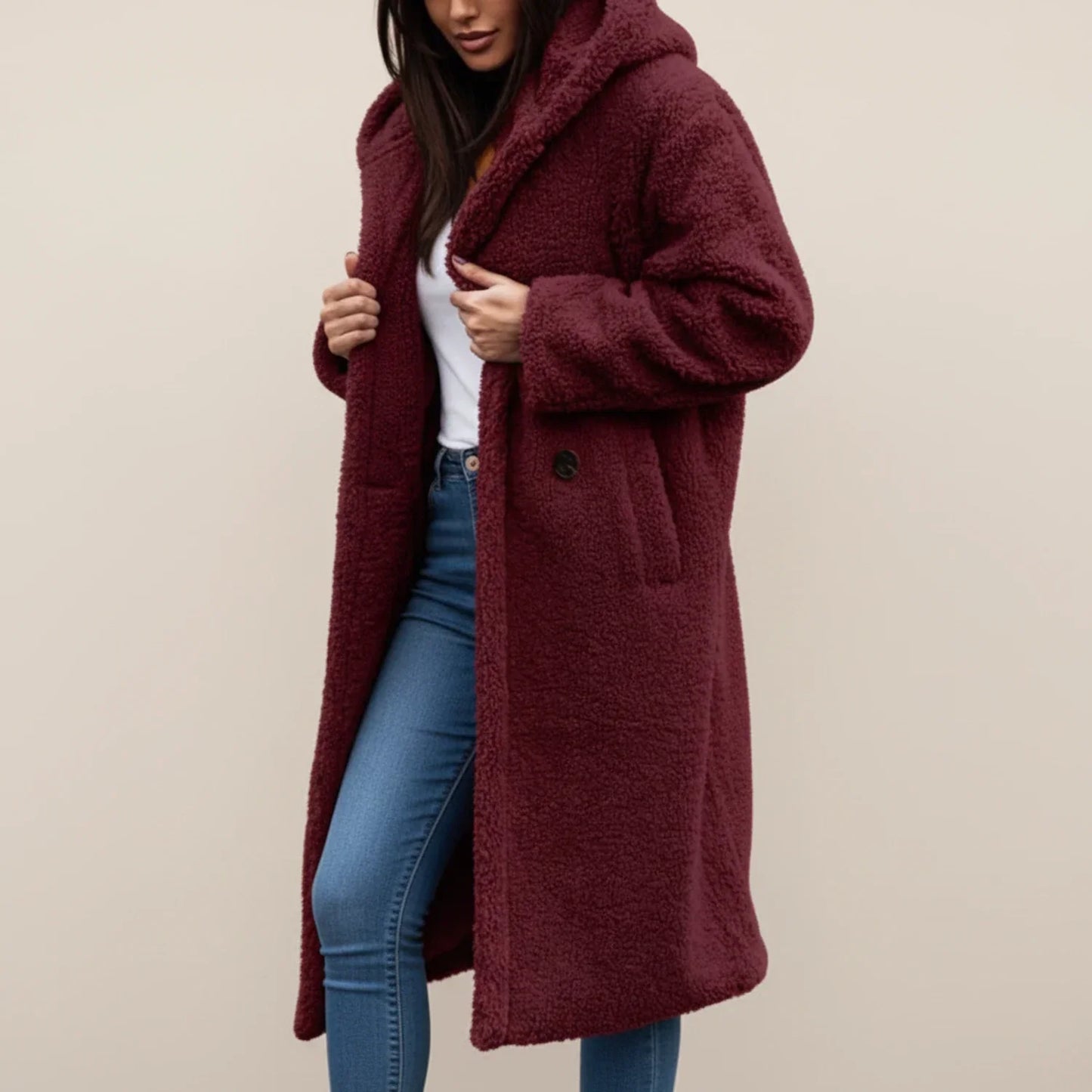 Women's long hooded teddy coat relaxed fit with patch pockets and button front closure