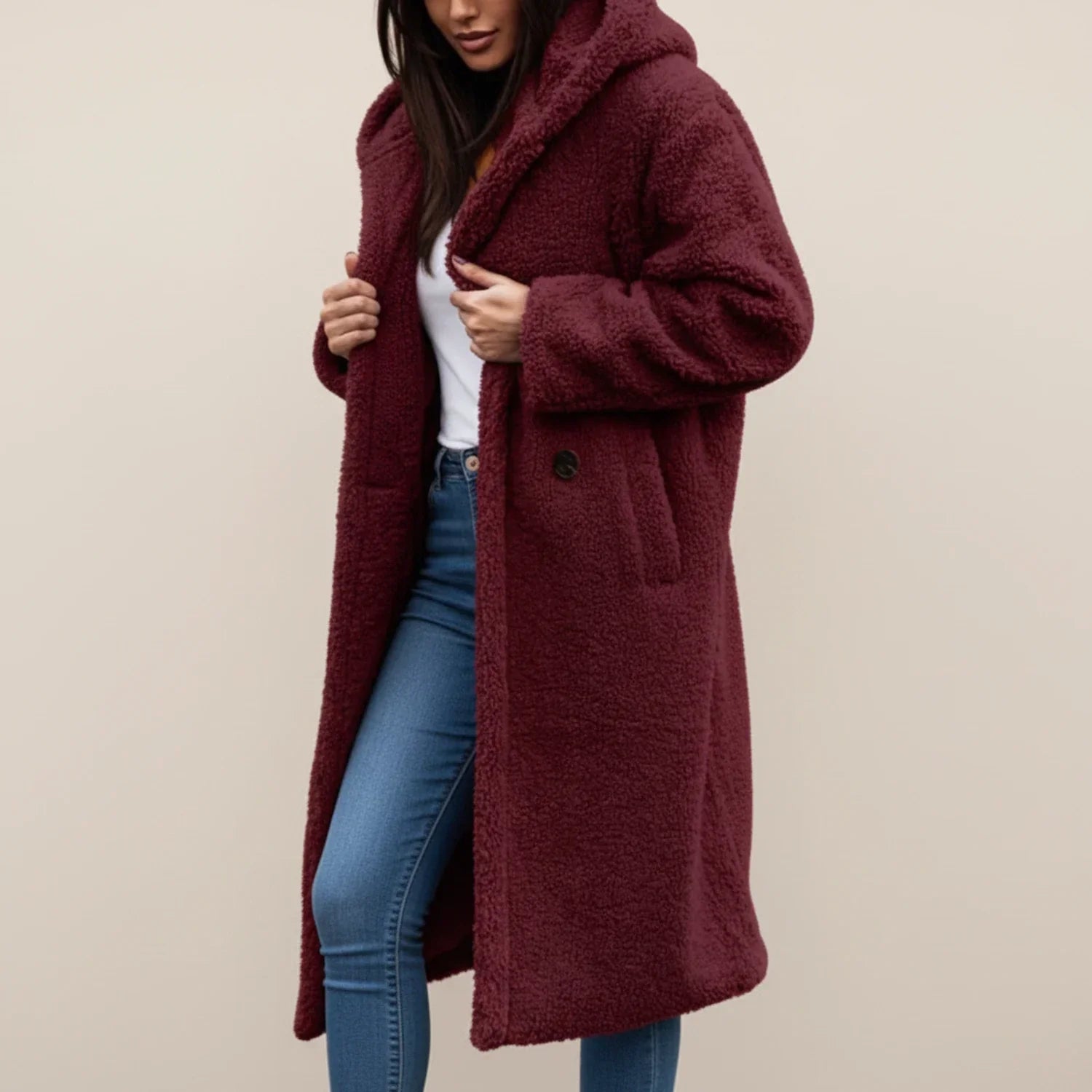Women's long hooded teddy coat relaxed fit with patch pockets and button front closure