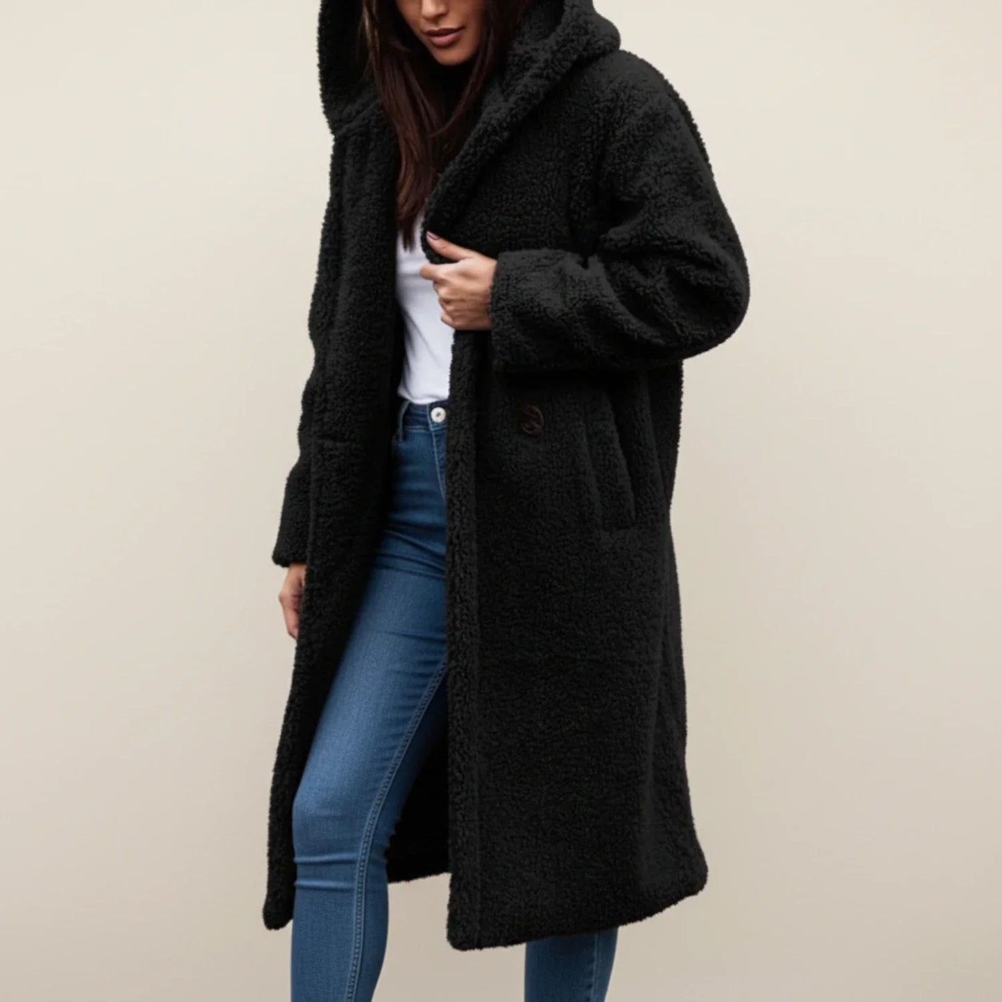 Women's long hooded teddy coat relaxed fit patch pockets button-front cozy winter outerwear