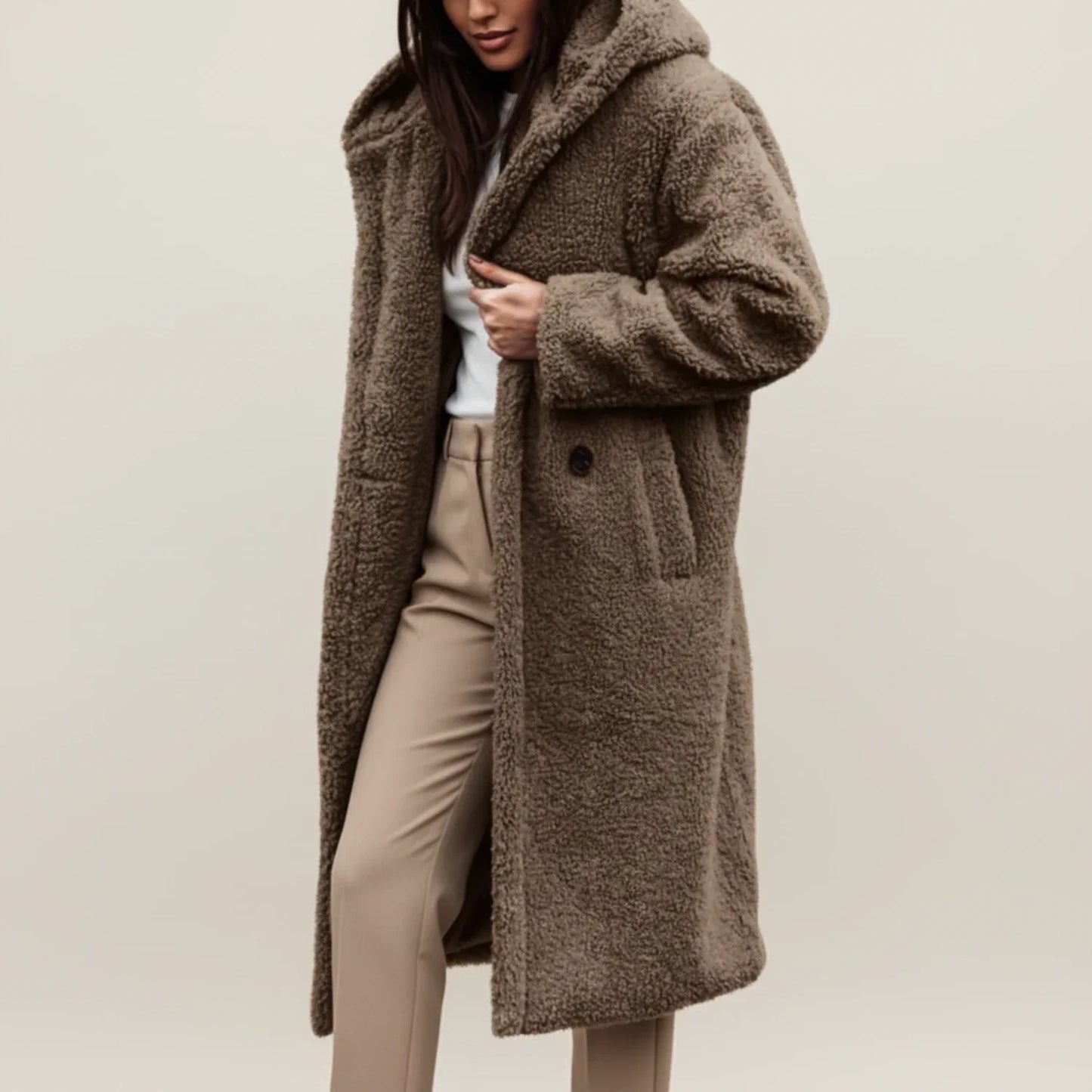 Women's long hooded teddy coat relaxed fit button-front with cozy patch pockets for winter