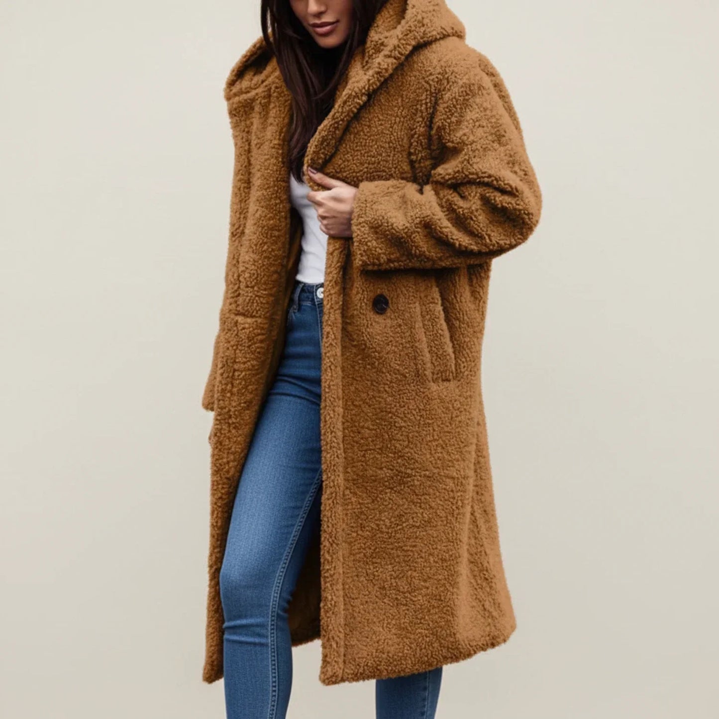 Women's long hooded teddy coat relaxed fit with patch pockets and button front closure