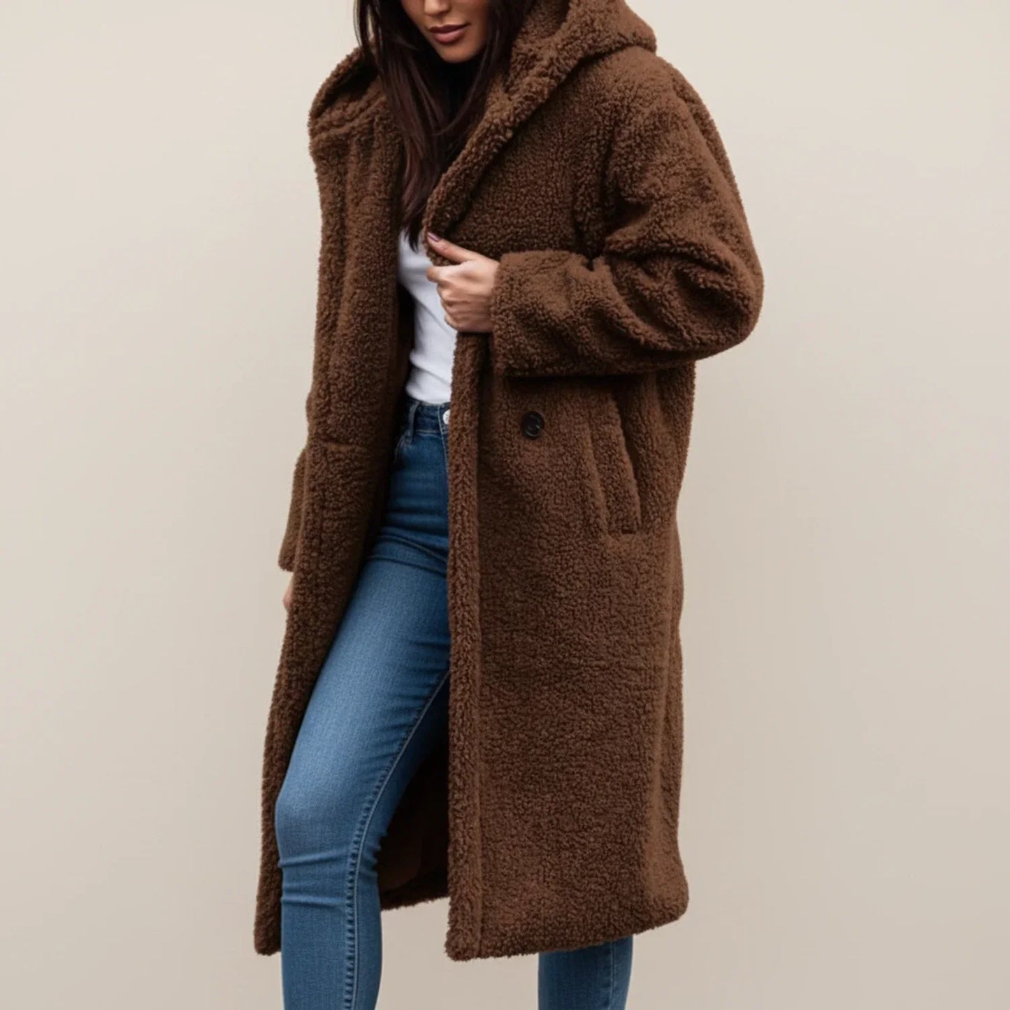 Women's long hooded teddy coat relaxed fit with patch pockets and button front closure