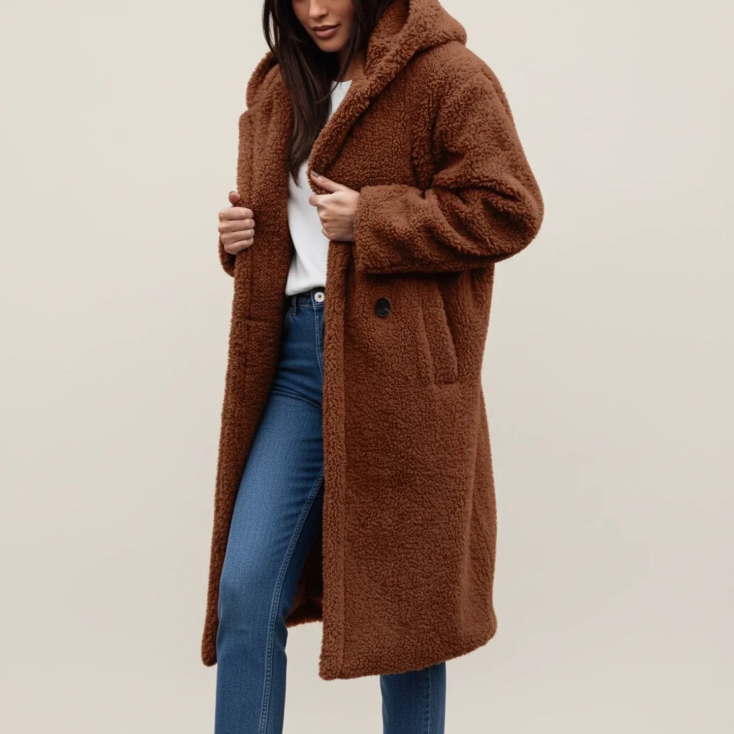 Women's long hooded teddy coat relaxed fit with patch pockets and button front closure