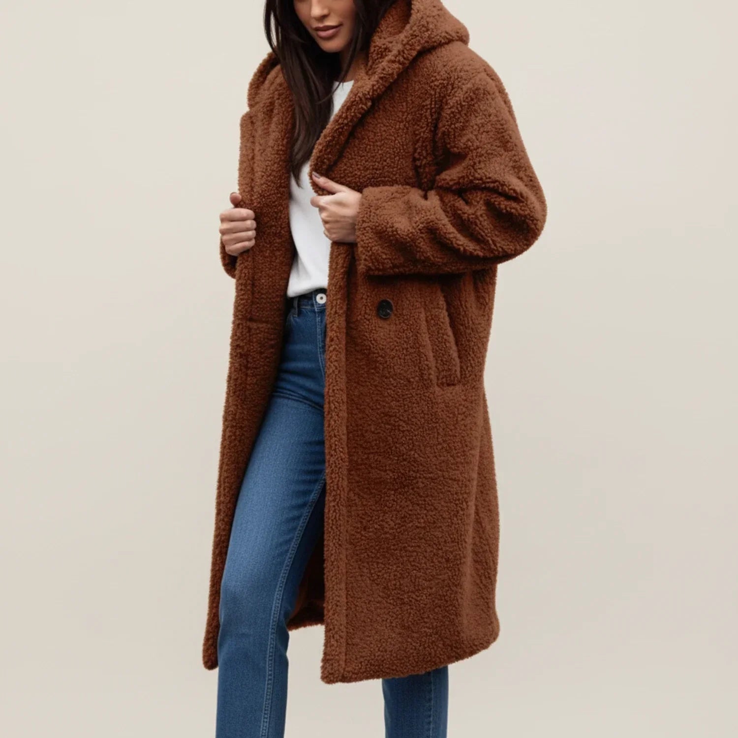 Women's long hooded teddy coat relaxed fit with patch pockets and button front closure