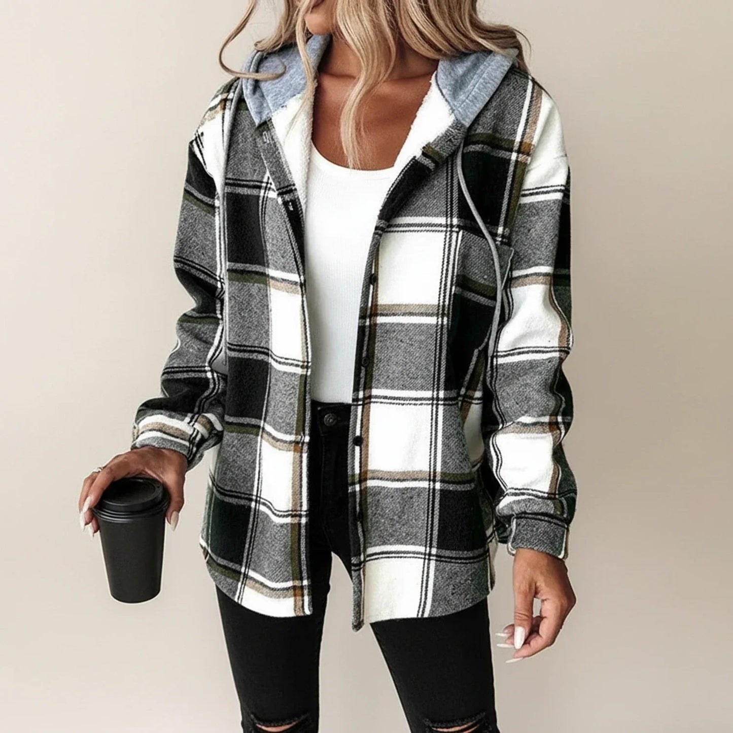 Women's plaid hooded shirt jacket relaxed fit cozy winter layering essential with attached hood