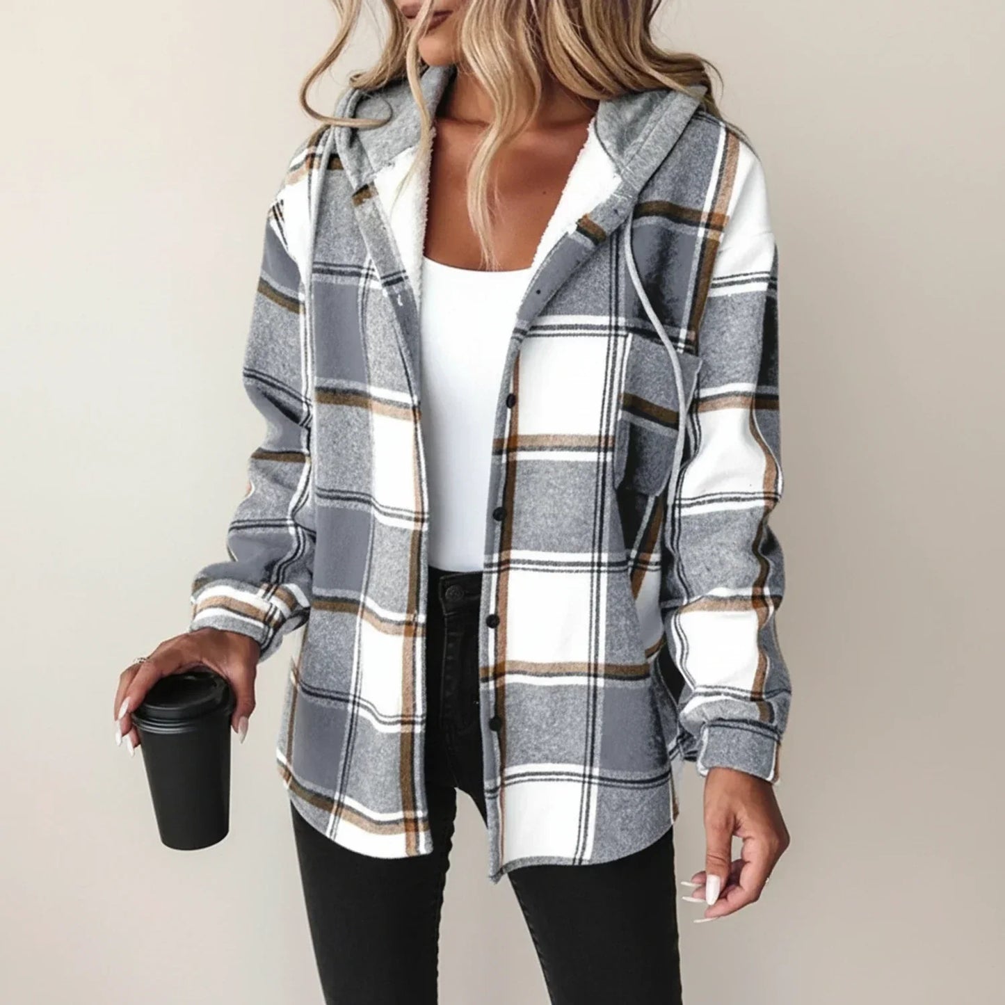 Women's plaid hooded shirt jacket relaxed fit cozy winter layering essential with attached hood