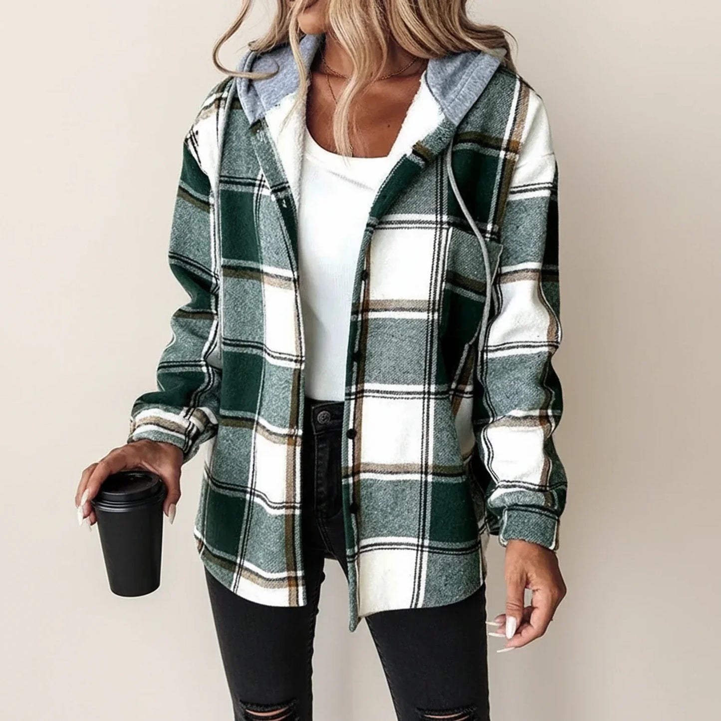 Women's plaid hooded shirt jacket relaxed fit cozy winter layering essential with attached hood