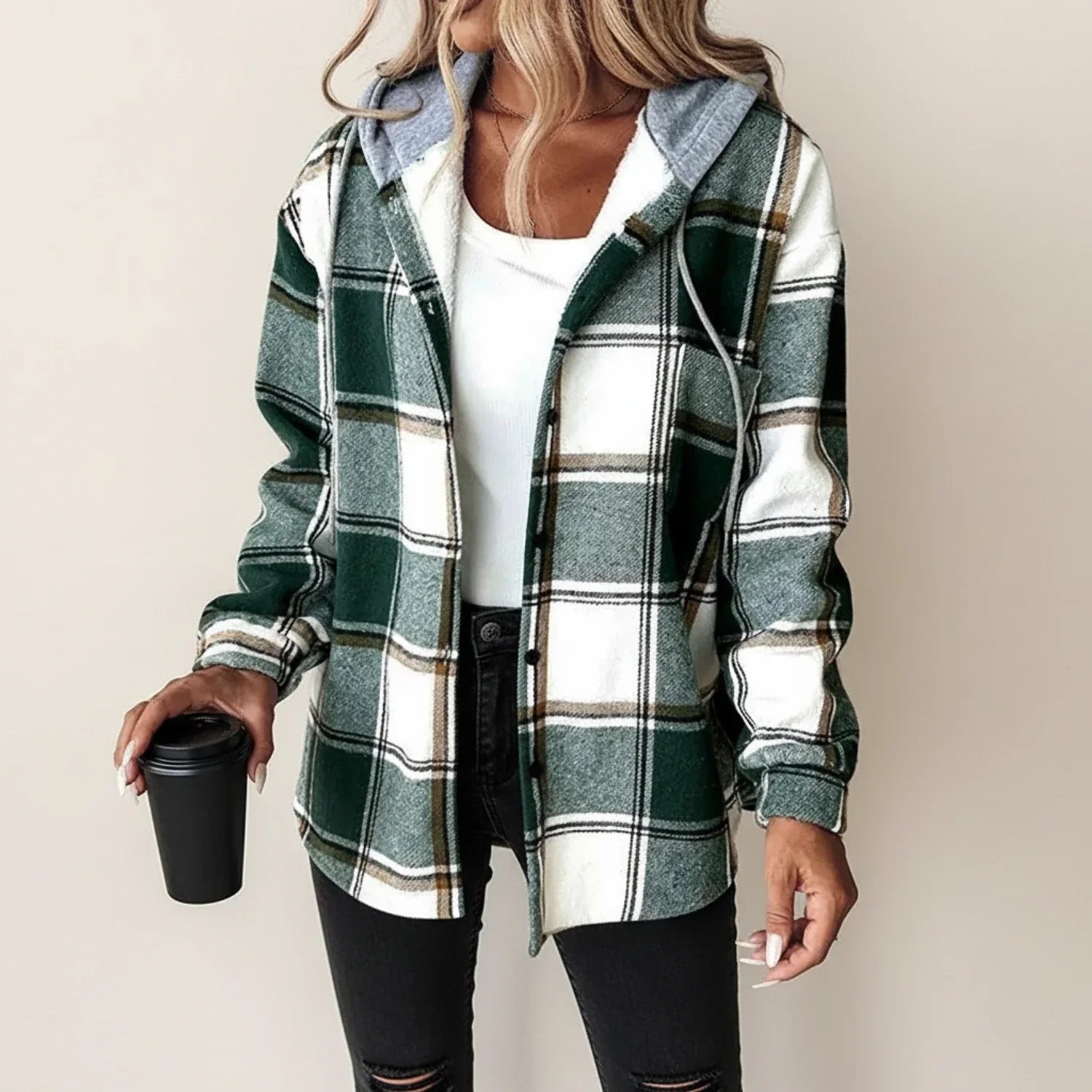 Women's plaid hooded shirt jacket relaxed fit cozy winter layering essential with attached hood