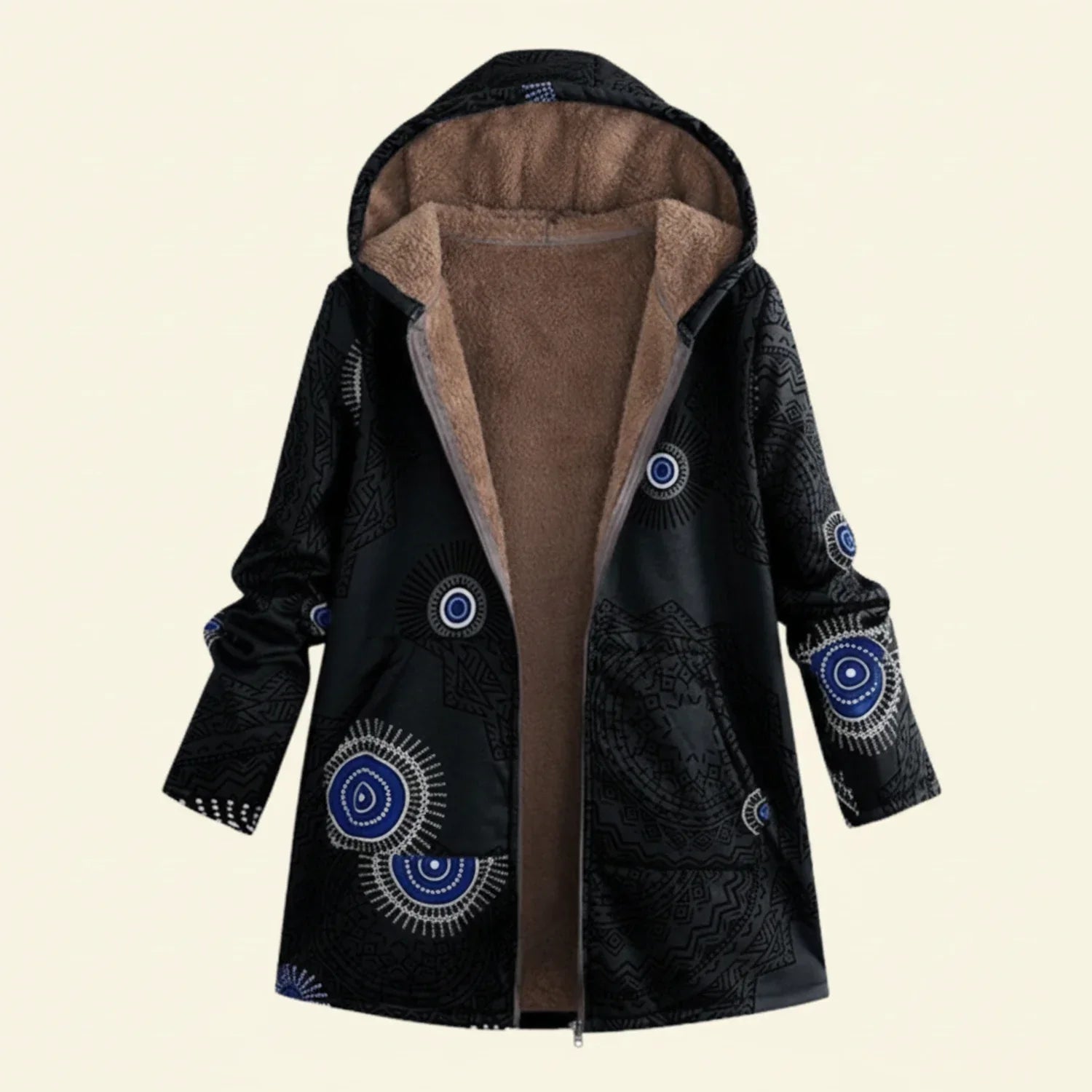 Women's hooded printed open-front jacket relaxed fit lightweight layering all-season outerwear