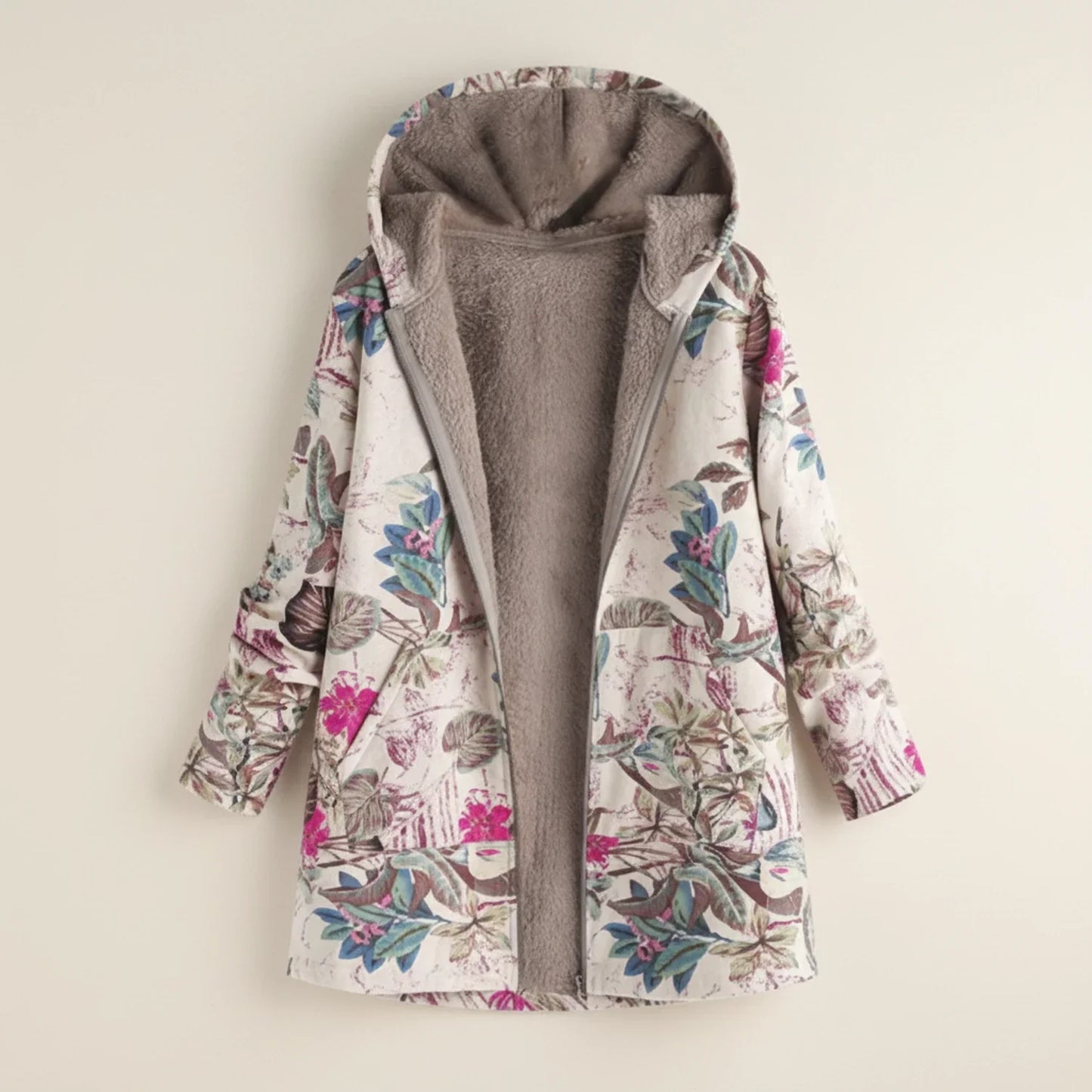Women's hooded open-front printed jacket relaxed fit lightweight layering piece for all seasons