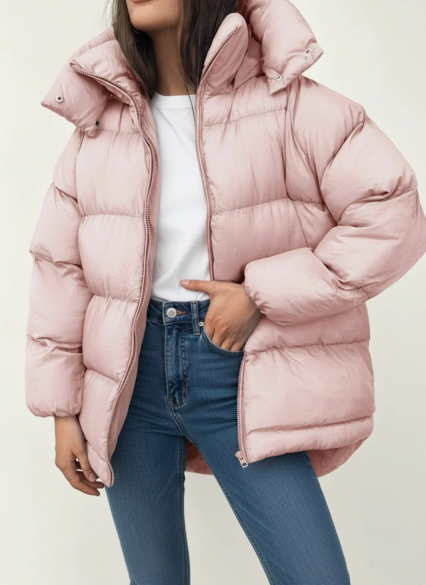 Women's black oversized hooded puffer jacket hip-length winter coat with quilted design