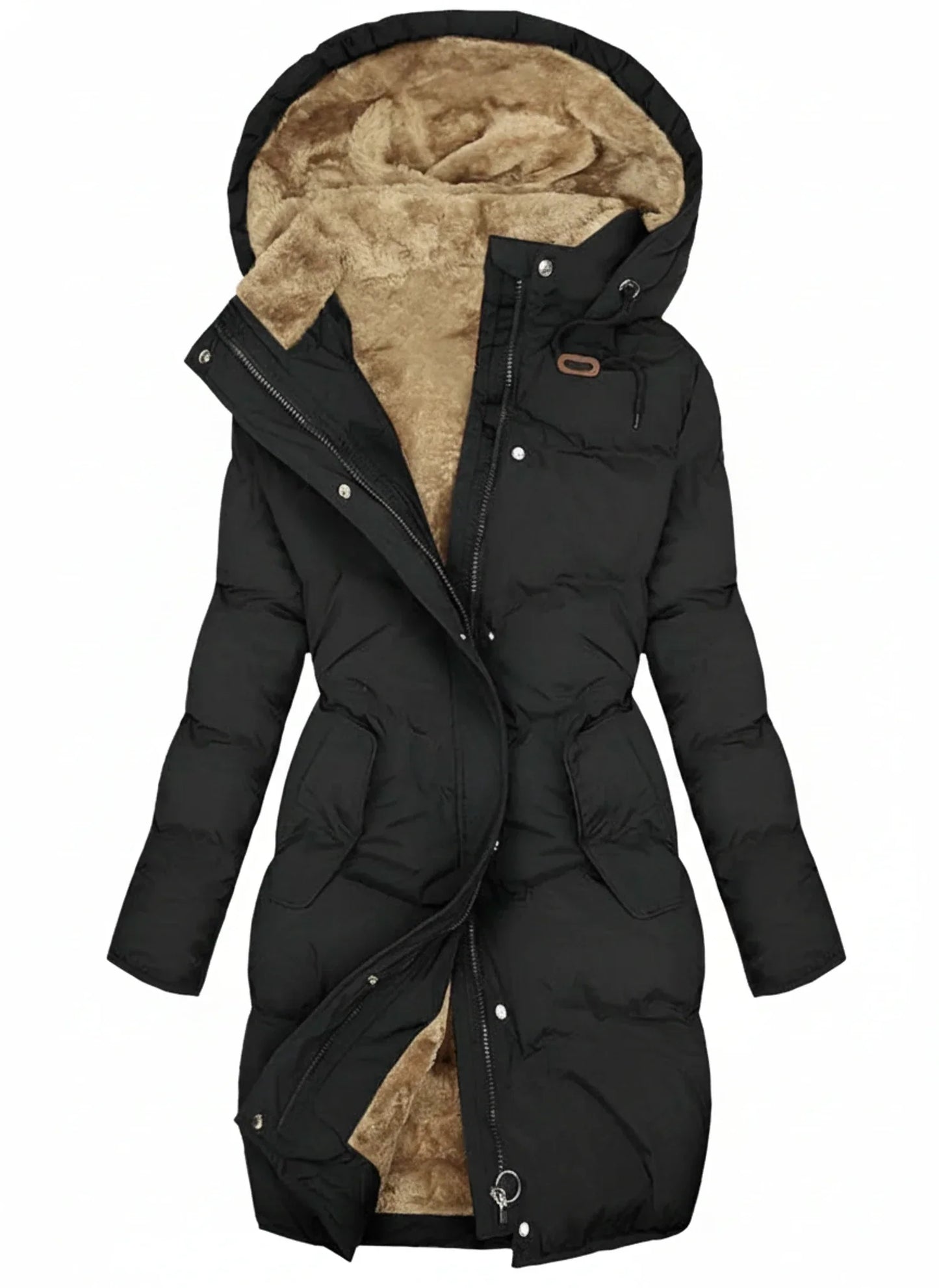 Women's black quilted hooded puffer jacket with drawstring waist and zip front closure