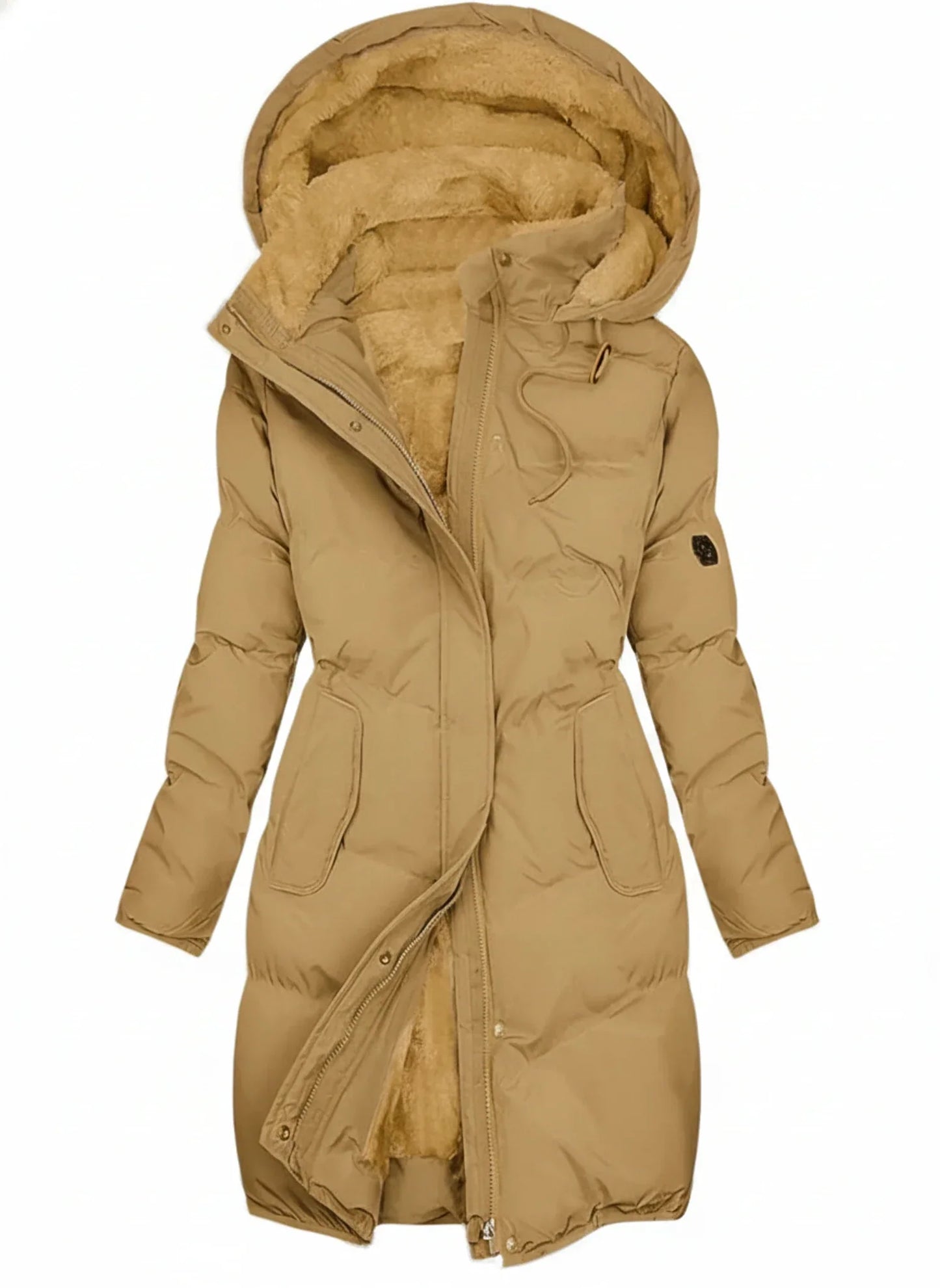 Women's black quilted hooded puffer jacket with drawstring waist and zip front for winter warmth