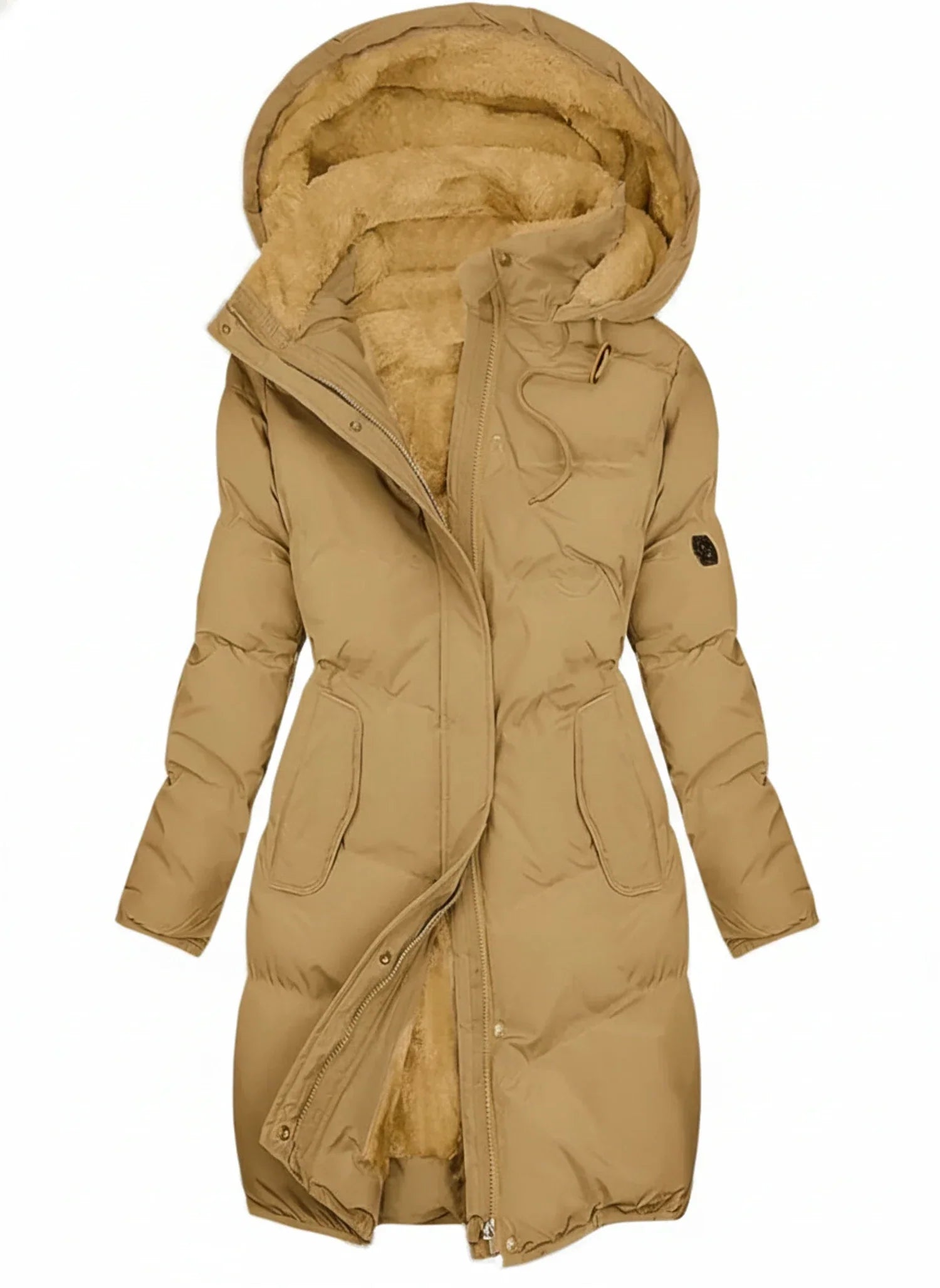 Women's black quilted hooded puffer jacket with drawstring waist and zip front for winter warmth