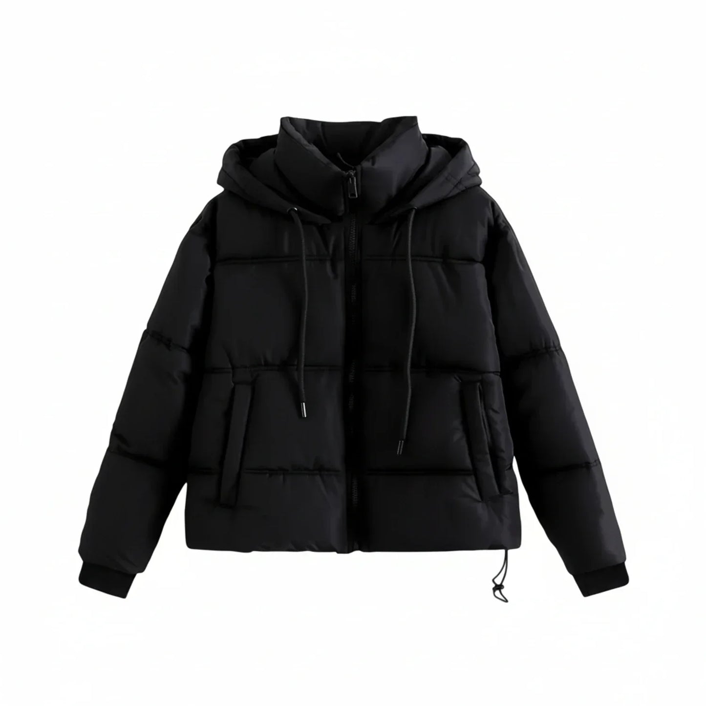 Women's quilted puffer jacket with high collar hood, black insulated winter coat modern slim fit