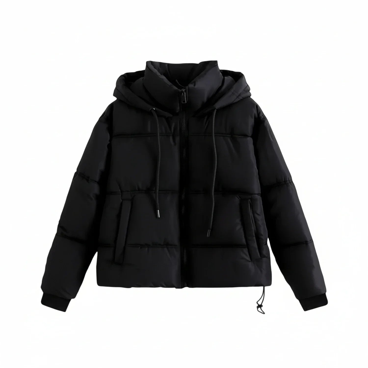 Women's quilted puffer jacket with high collar hood, black insulated winter coat modern slim fit