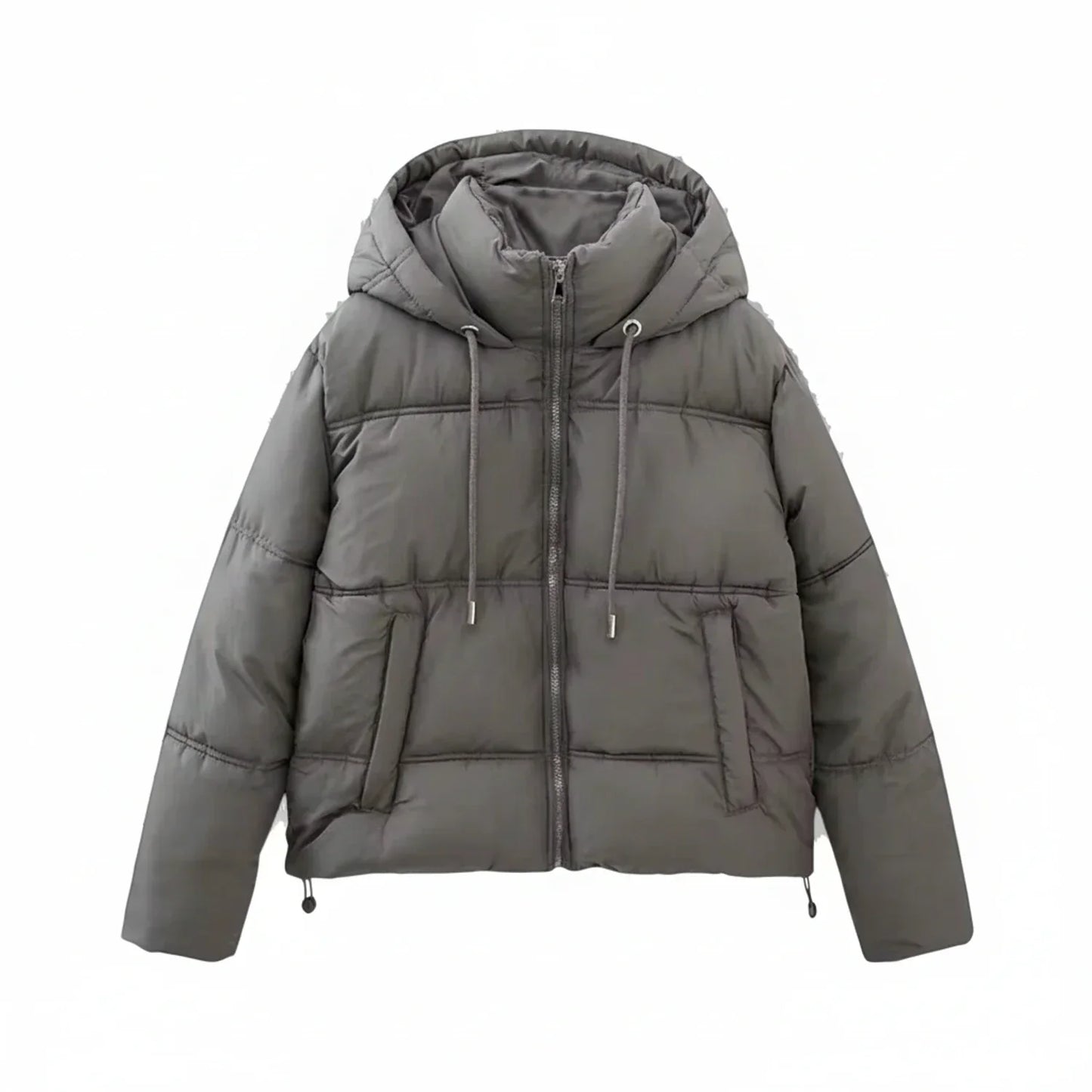 Women's quilted puffer jacket with high collar, attached hood, padded insulation, modern winter style