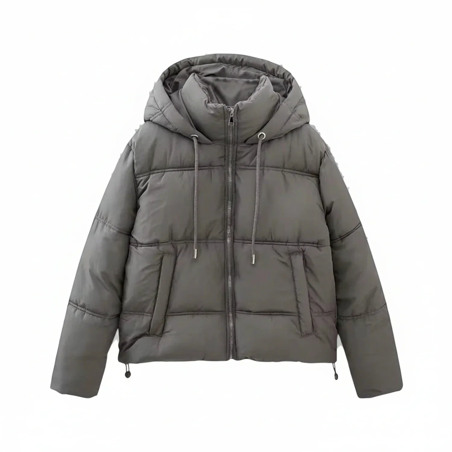 Women's quilted puffer jacket with high collar, attached hood, padded insulation, modern winter style