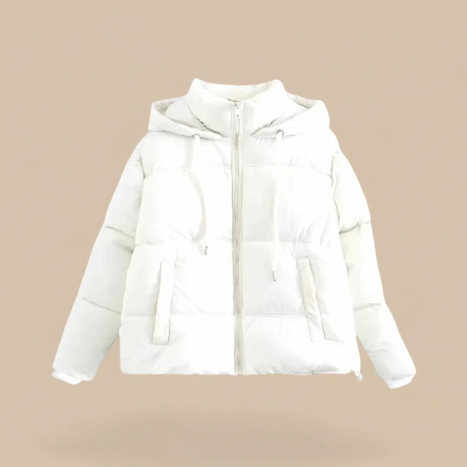 Women's quilted puffer jacket in neutral tone with high collar hood for ultra warmth and modern winter style