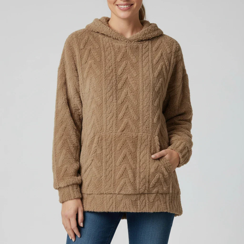 Women's textured knit hoodie sweater relaxed fit with kangaroo pocket, cozy casual style