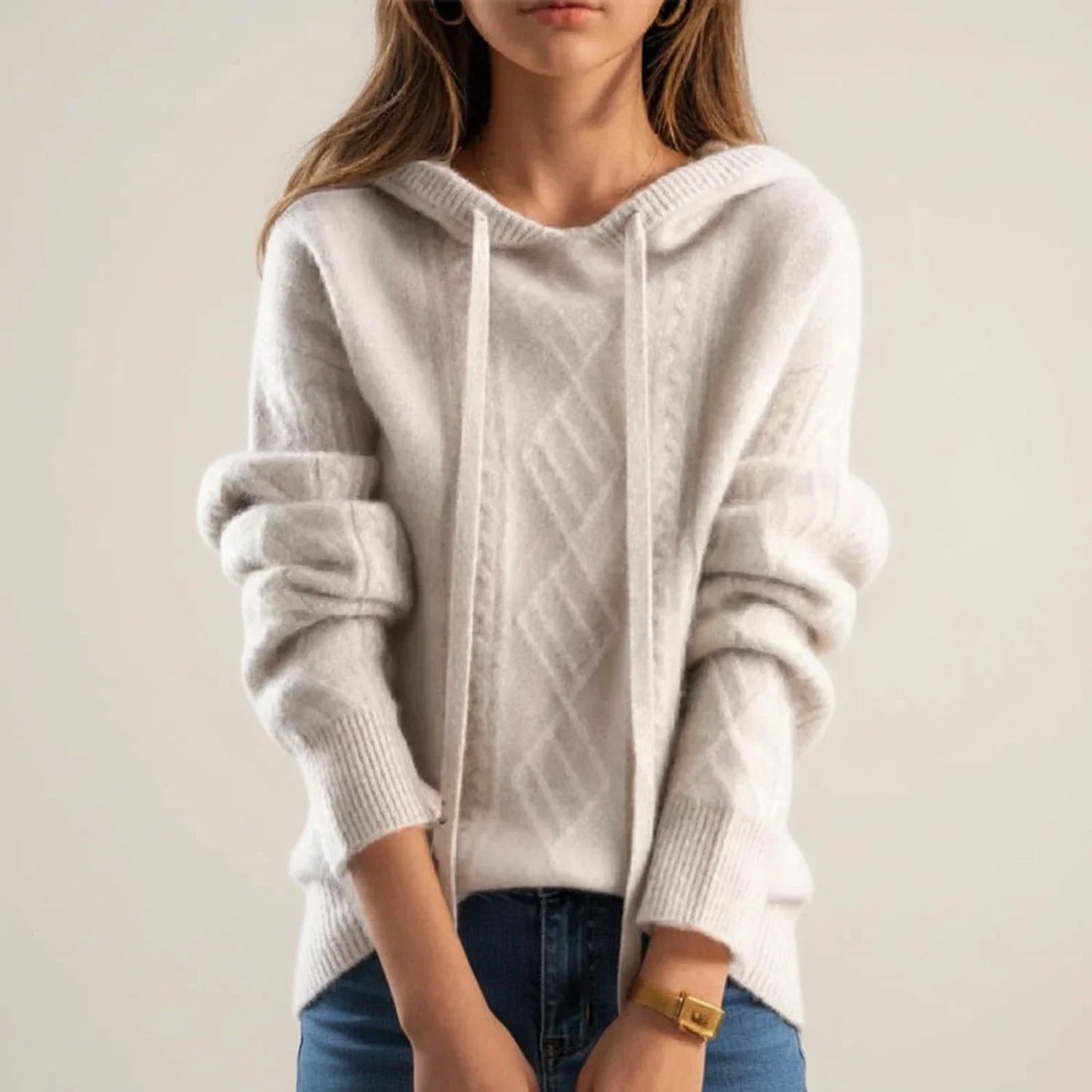 Women's cream cable knit pullover sweater with drawstring hood, cozy relaxed fit for everyday wear