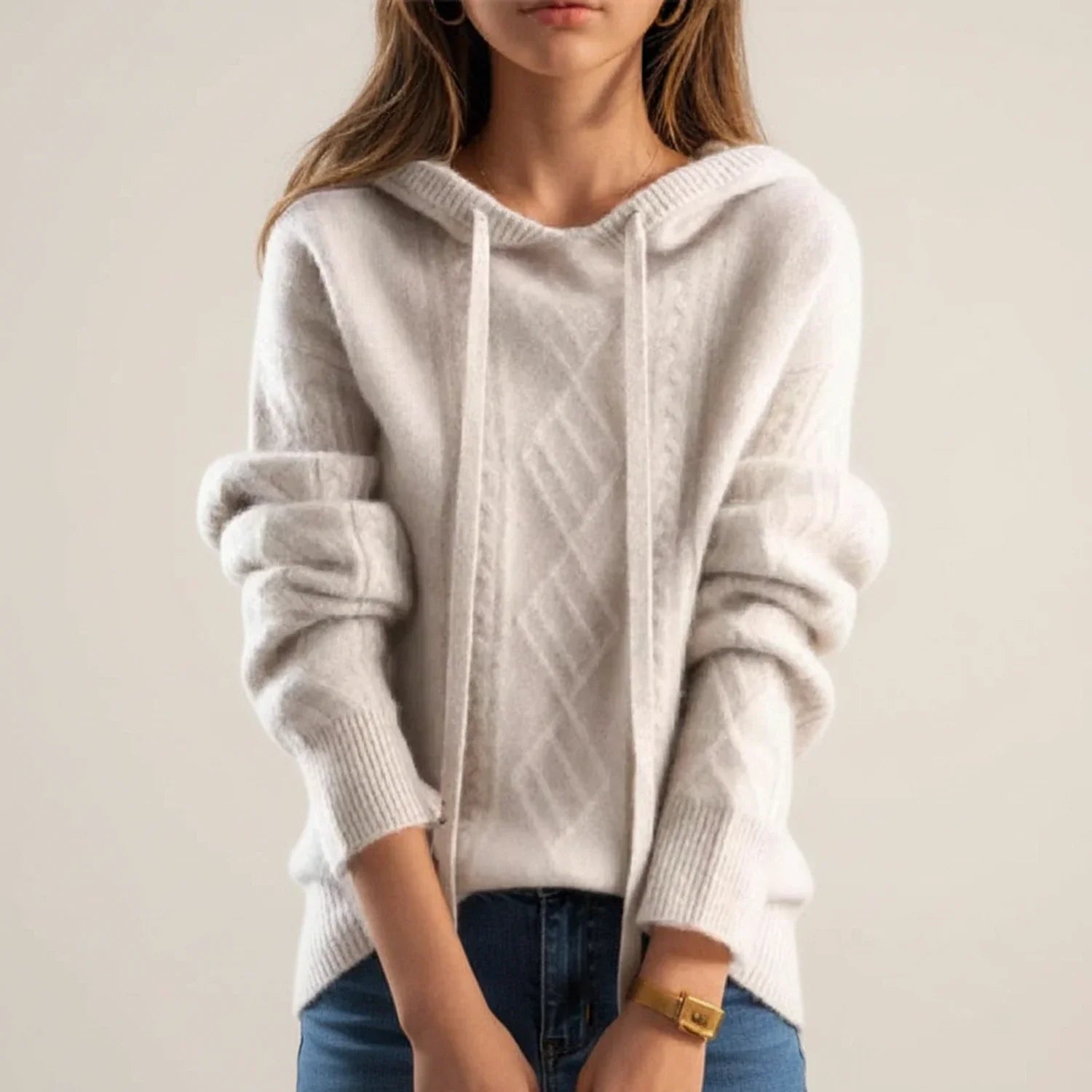 Women's cream cable knit pullover sweater with drawstring hood, cozy relaxed fit for everyday wear