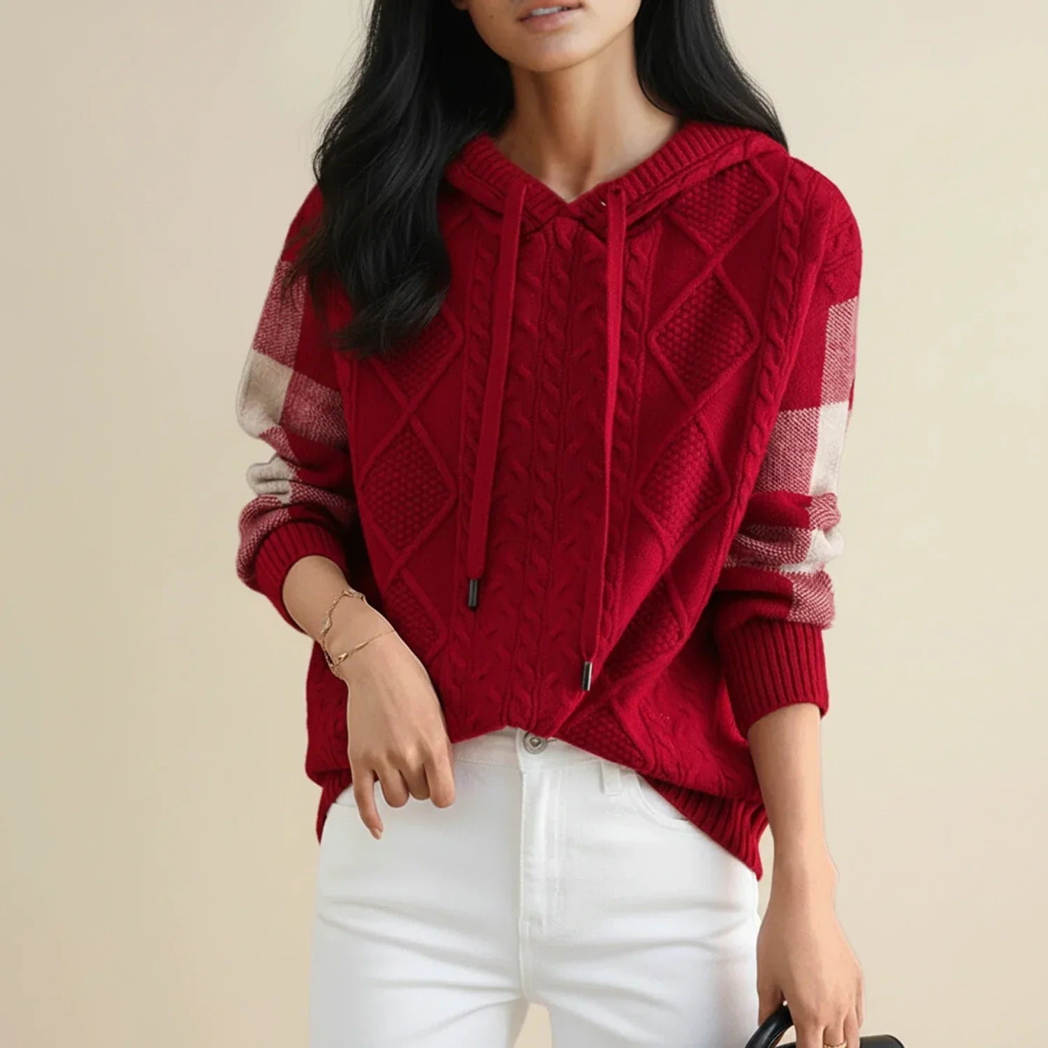 Women's hooded cable knit sweater with color block long sleeves and adjustable drawstring hood