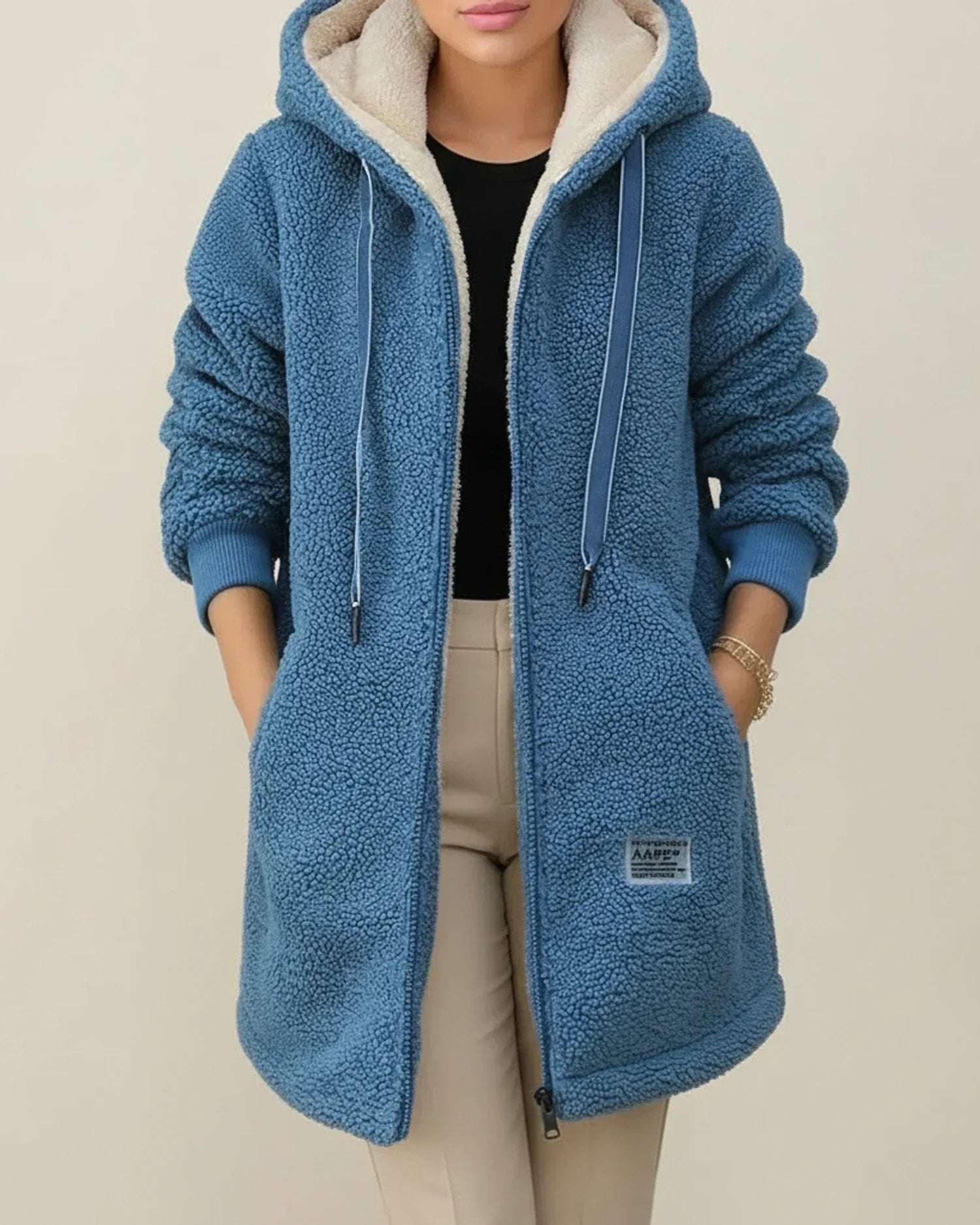 Women's beige teddy coat hooded longline silhouette fleece-lined zip-front with pockets