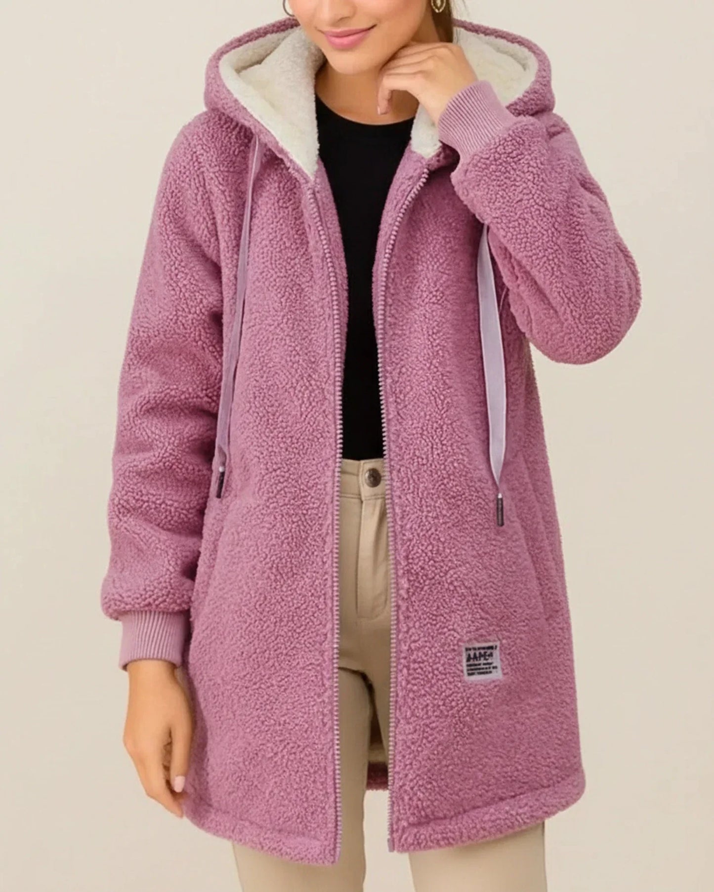 Women's camel teddy coat hooded longline silhouette fleece-lined zip-front with side pockets
