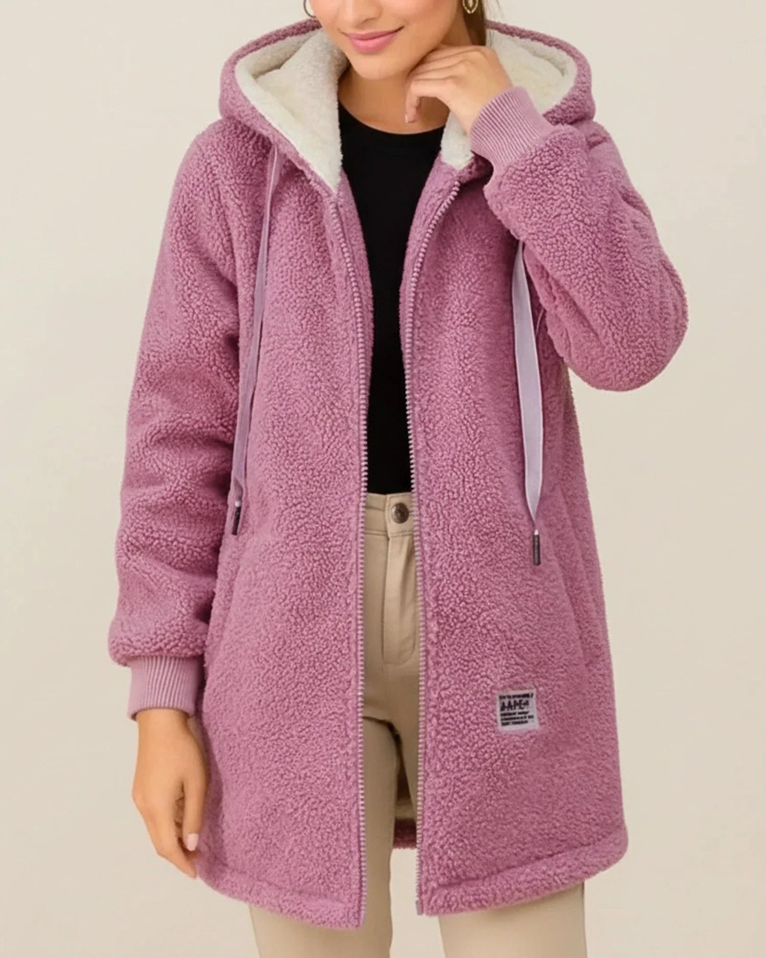 Women's camel teddy coat hooded longline silhouette fleece-lined zip-front with side pockets