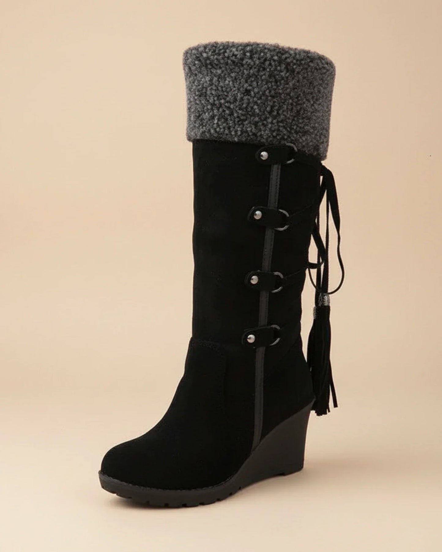 Women's knee-high winter wedge boots with faux fur trim, chic buckle tassel details, cold-season style