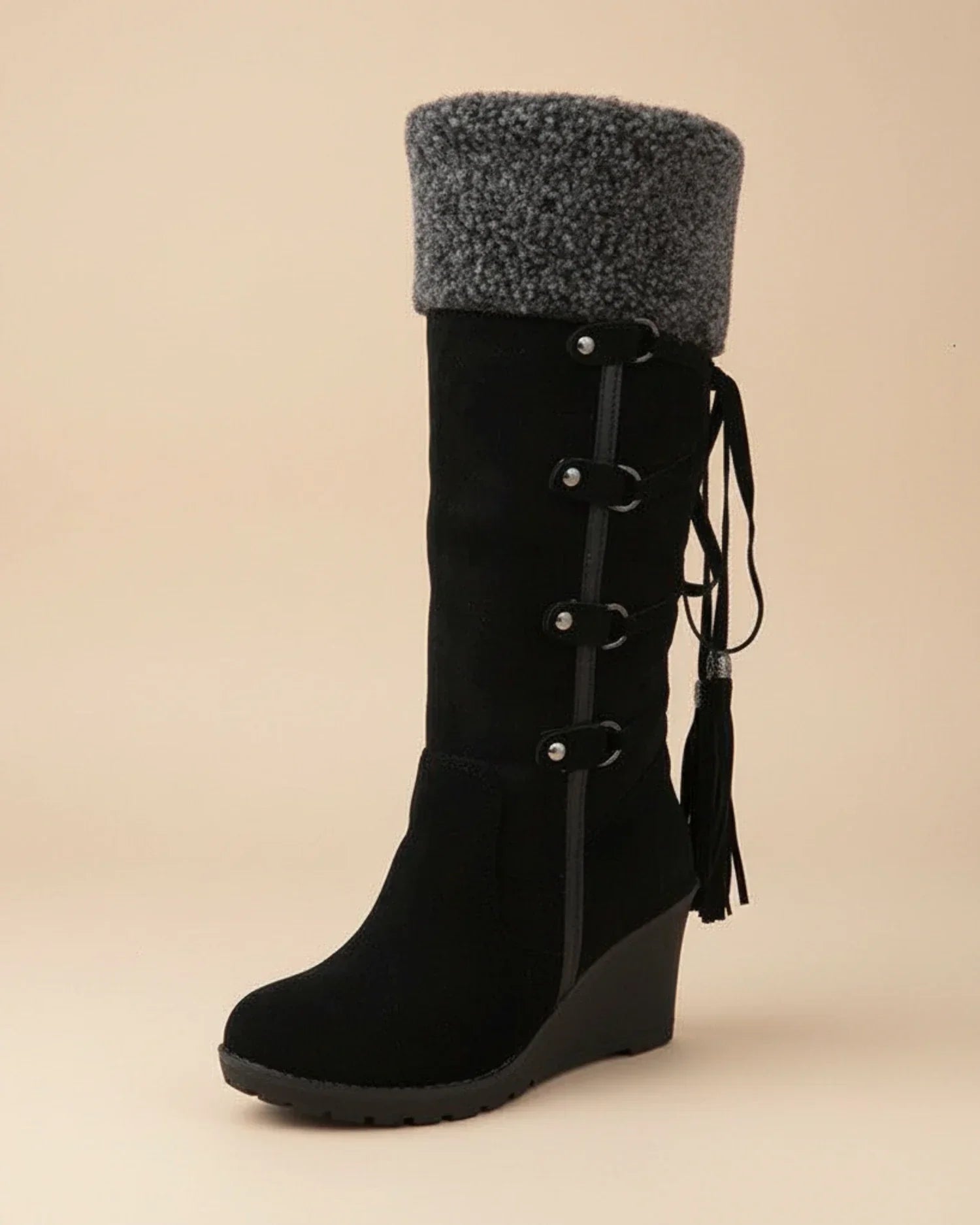 Women's knee-high winter wedge boots with faux fur trim, chic buckle tassel details, cold-season style