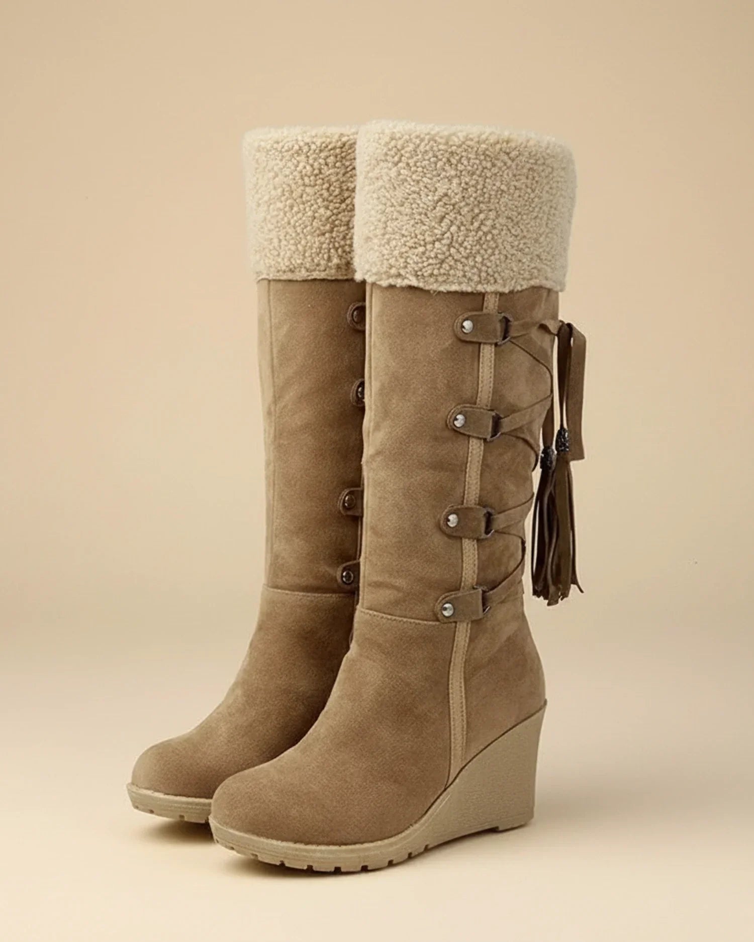 Women knee-high winter wedge boots with faux fur trim, buckle tassel details, cold-season style