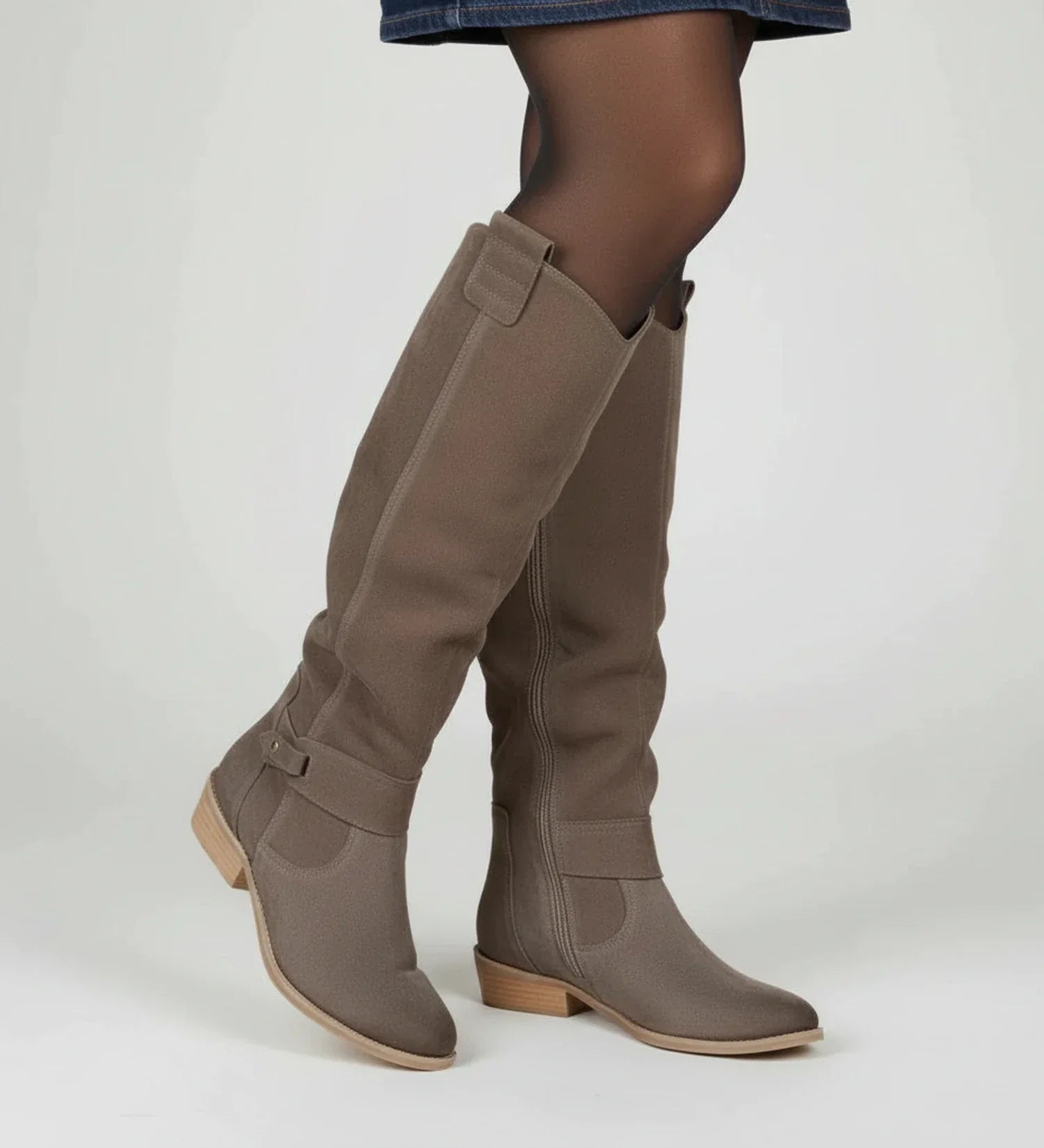 Women's knee-high slouch boots stacked heel side zip closure versatile chic everyday comfort