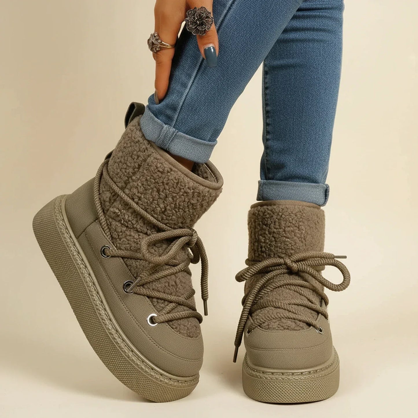 Women's black lace-up ankle winter boots with elevated platform, lug sole traction, and sherpa trim