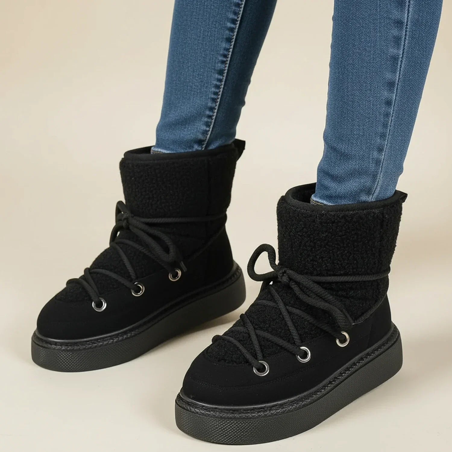Women's black lace-up ankle winter boots with lug sole platform and cozy sherpa trim accent