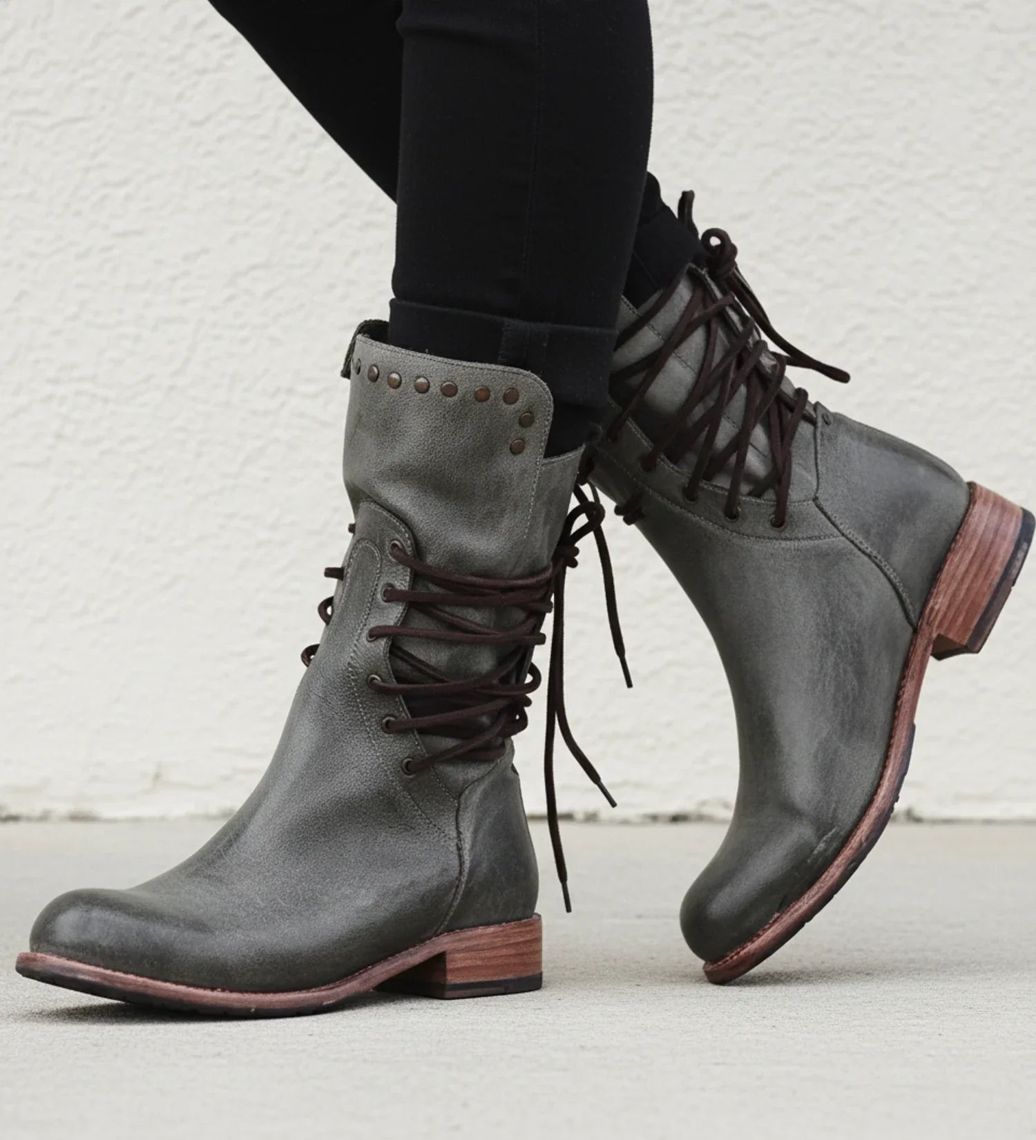Women black lace-up ankle boots with back zipper, rugged mid-calf style for all-day comfort