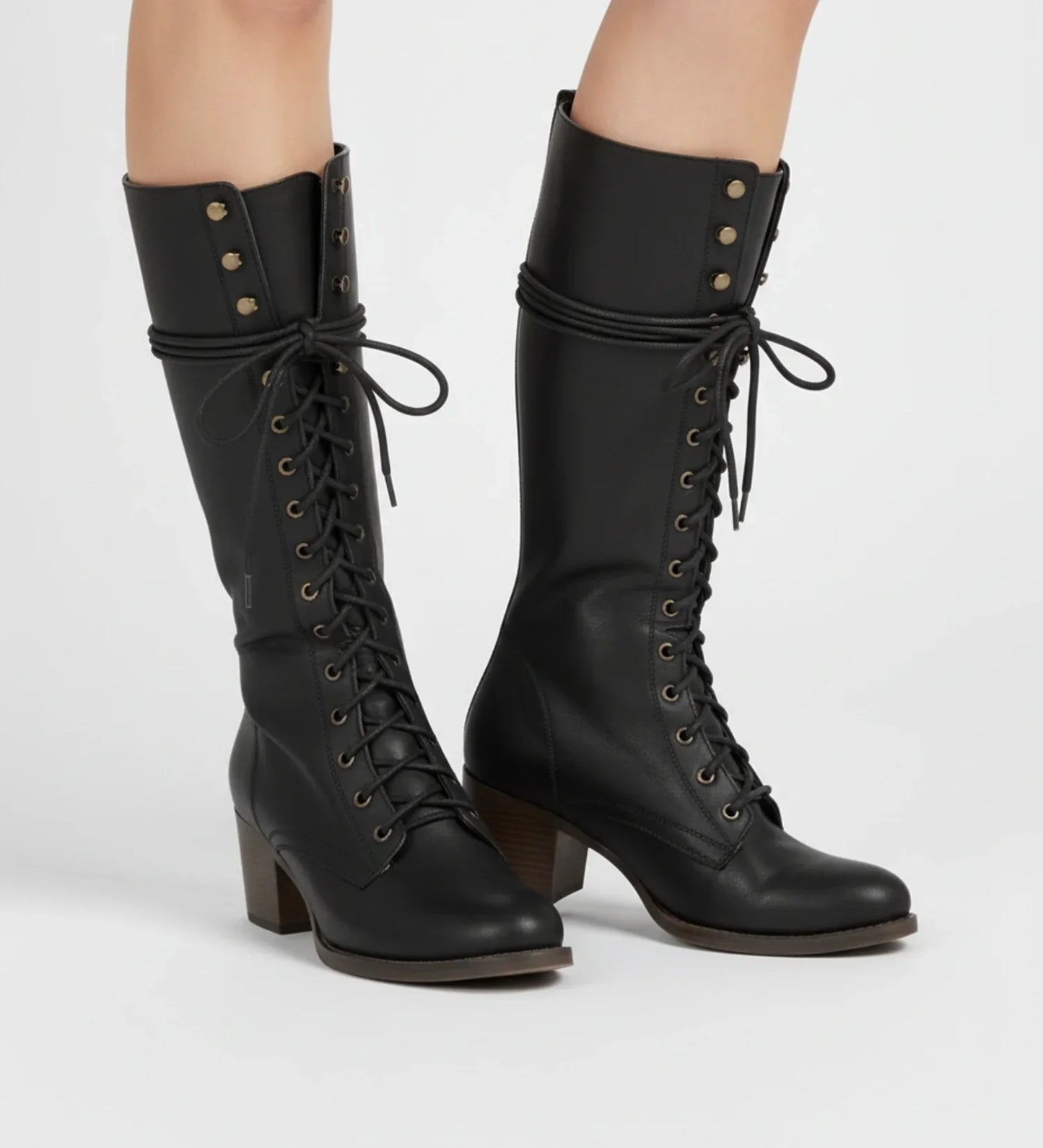 Women's black knee-high combat boots block heel lace-up grommet detailing back zipper edgy style