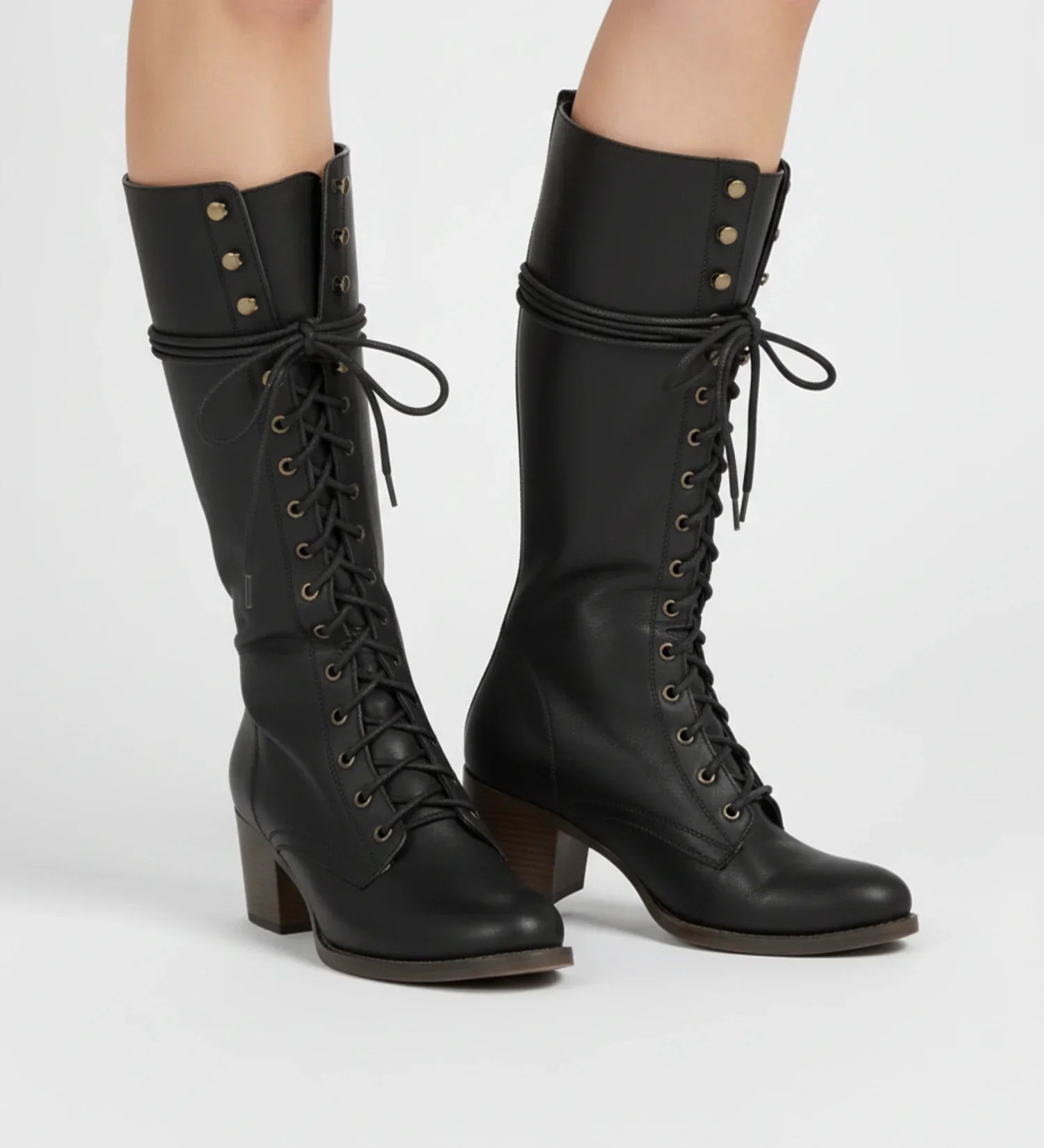 Women's black knee-high combat boots block heel lace-up grommet detailing back zipper edgy style